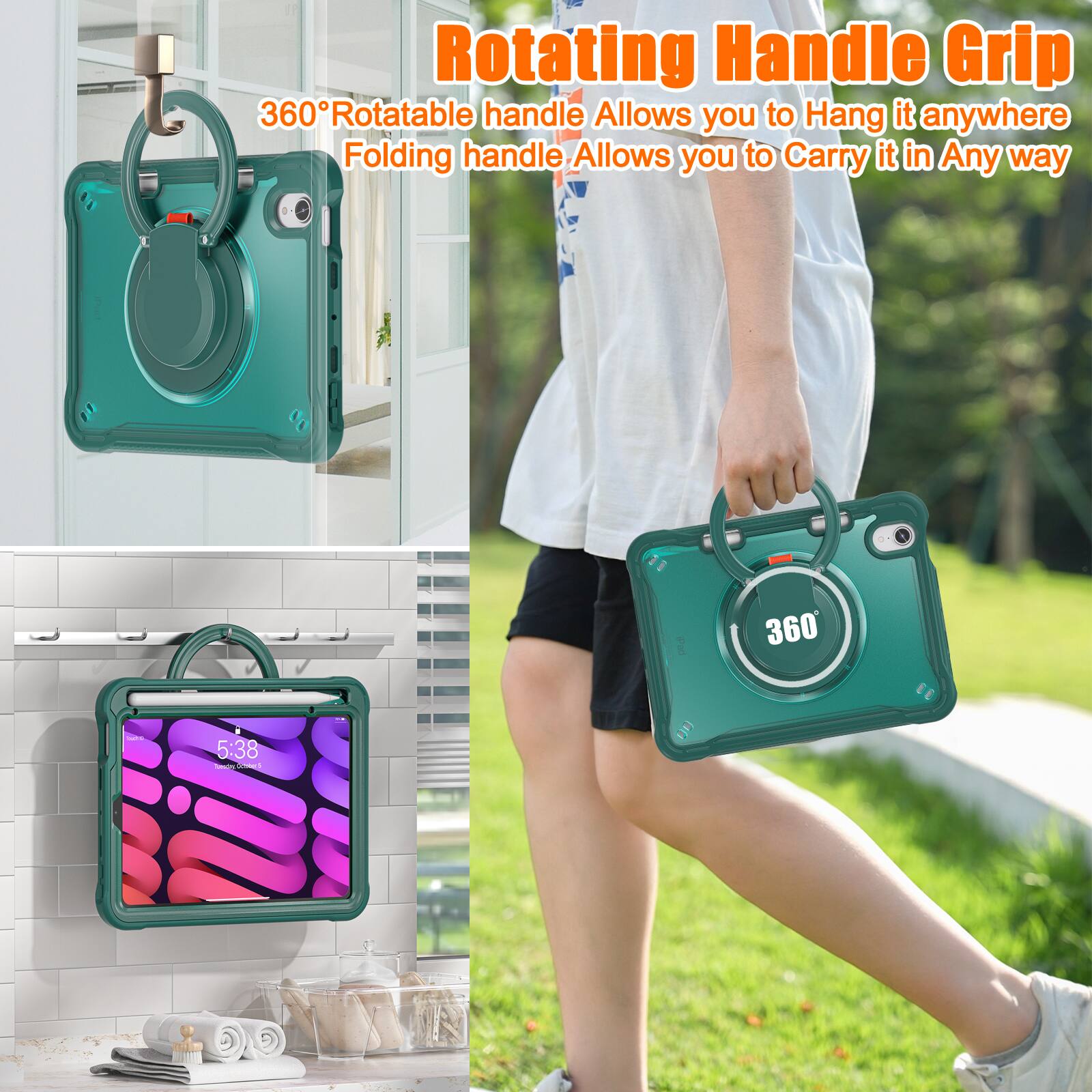 Rotating Handle Grip  
360° Rotatable handle Allows you to Hang it anywhere  
Folding handle Allows you to Carry it in Any way