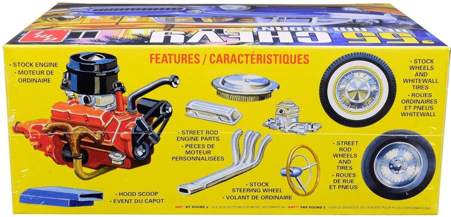 - STOCK ENGINE  
  - MOTEUR DE ORDINAIRE

- STOCK WHEELS AND WHITEWALL TIRES  
  - ROUES ET PNEUS ORDINAIRES ET WHITEWALL

- STREET ROD ENGINE PARTS  
  - PIÈCES DE MOTEUR PERSONNALISÉES

- STOCK STEERING WHEEL  
  - VOLANT DE ORDINAIRE

- HOOD SCOOP  
  - EVENT DU CAPOT

- STREET ROD WHEELS AND TIRES  
  - ROUES DE RUE ET PNEUS

AMT BY ROUND 2  
SEE BOX BOTTOM FOR MORE INFORMATION  
- AMT PAR ROUND 2  
  VOIR LE DESSOUS DE LA BOITE POUR PLUS D'INFORMATIONS
