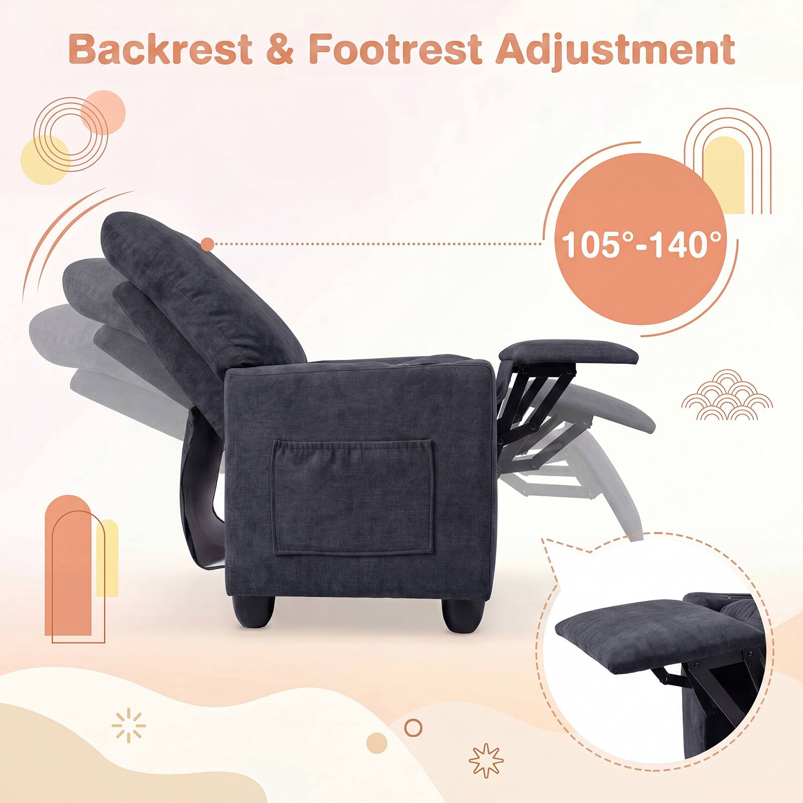 Backrest & Footrest Adjustment  
105°-140°