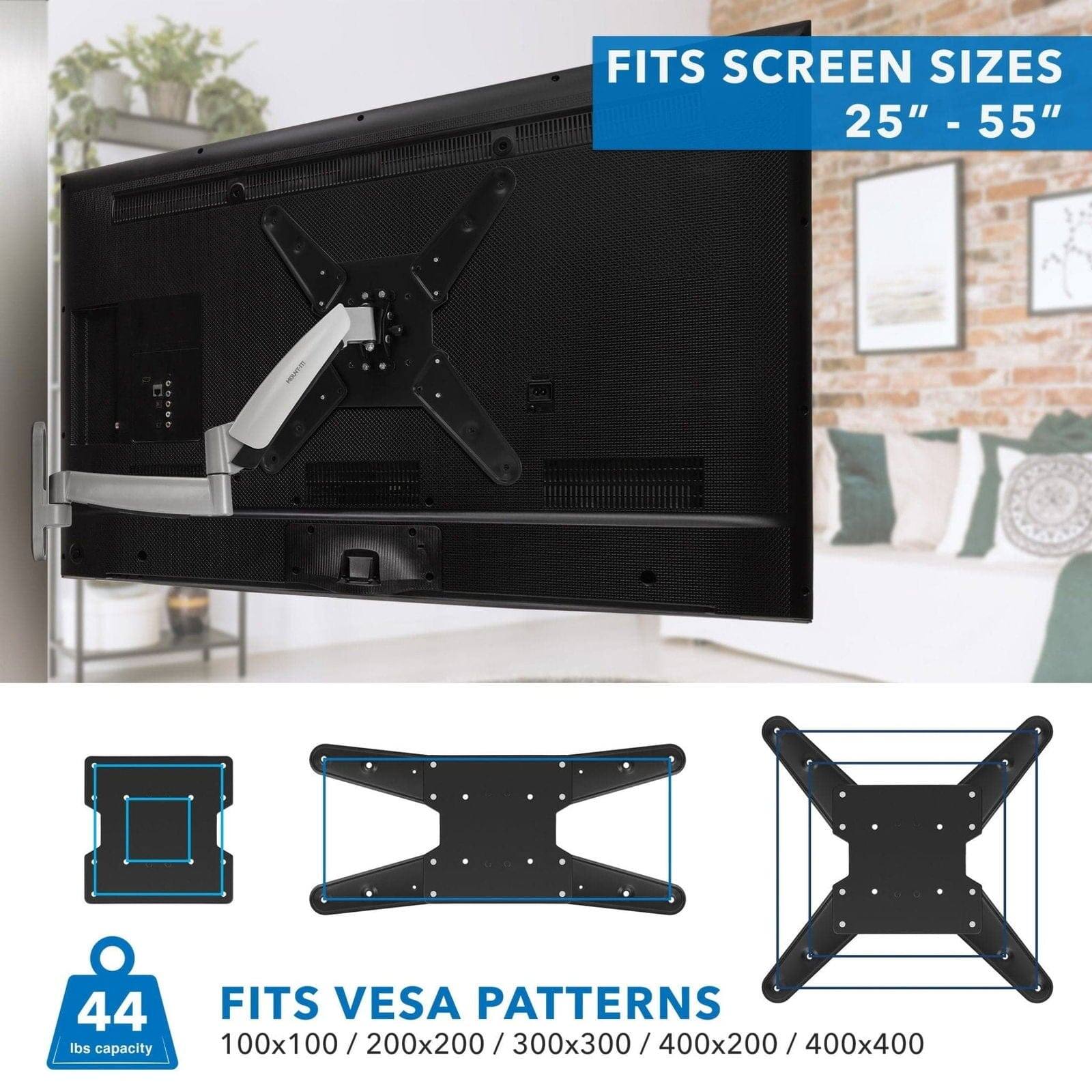 FITS SCREEN SIZES  
25" - 55"

FITS VESA PATTERNS  
100x100 / 200x200 / 300x300 / 400x200 / 400x400

44 lbs capacity