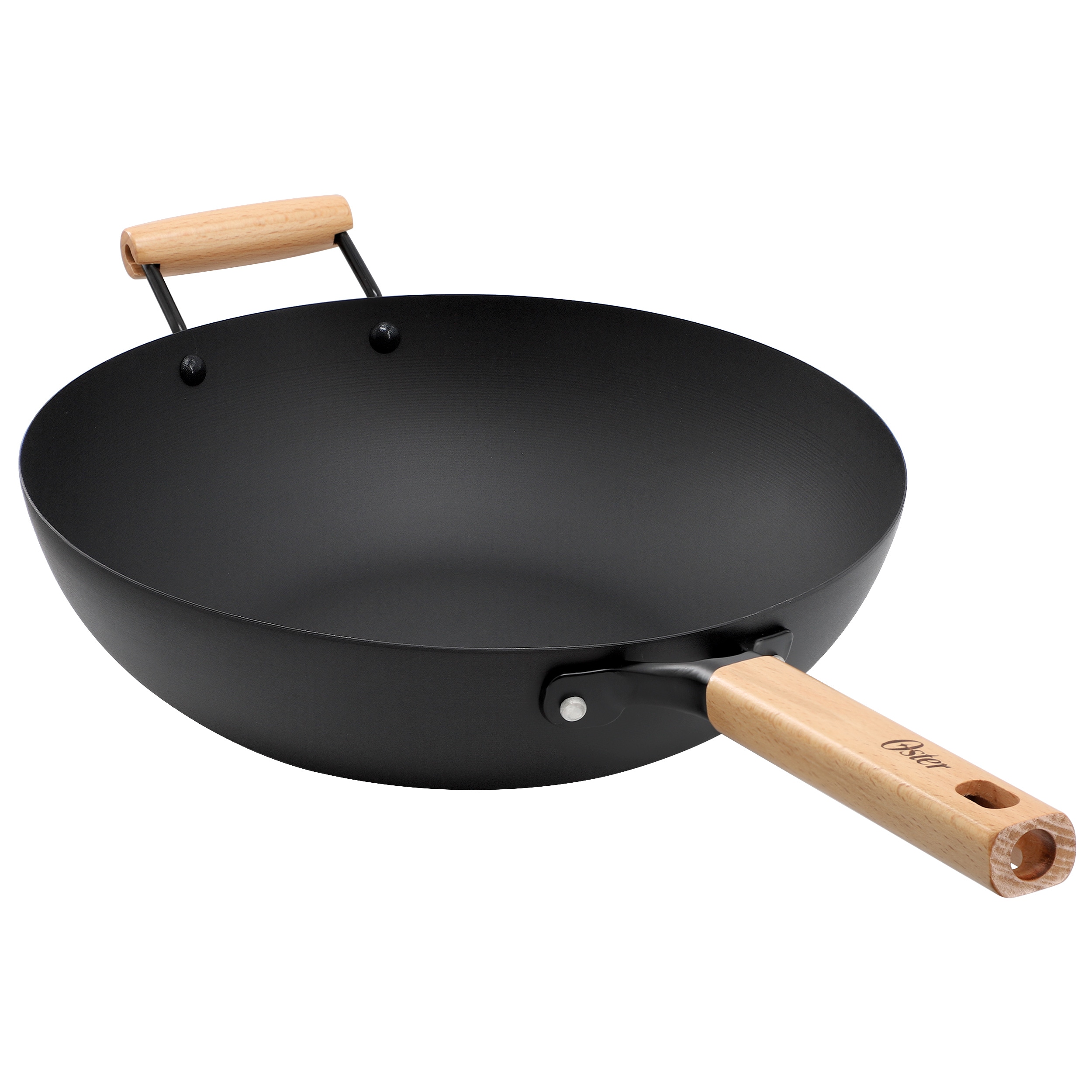 Oster - Northcliffe 13.5 Inch Round Carbon Steel Flat Base Wok with Wooden Handles - Black