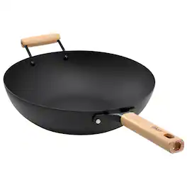 Oster - Northcliffe 13.5 Inch Round Carbon Steel Flat Base Wok with Wooden Handles - Black