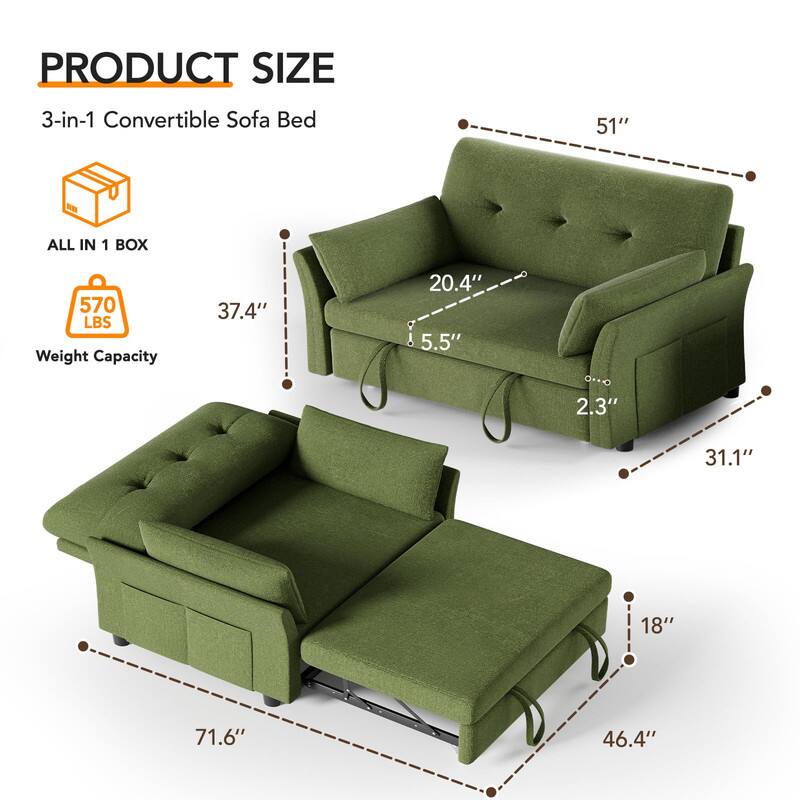 PRODUCT SIZE  
3-in-1 Convertible Sofa Bed  

ALL IN 1 BOX  
570 LBS Weight Capacity  

Dimensions:  
- 51" (height)  
- 37.4" (depth)  
- 20.4" (seat width)  
- 5.5" (seat height)  
- 2.3" (armrest height)  
- 31.1" (overall width)  
- 18" (overall depth)  
- 71.6" (overall length)  
- 46.4" (overall width when unfolded)