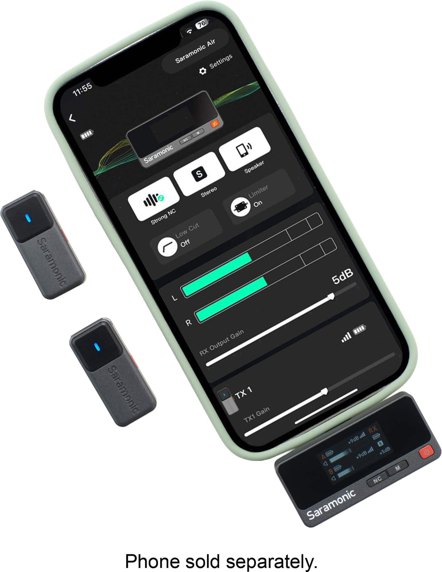 11:55 76 Air Saramonic Settings Saramonic S Speaker Stereo Limiter On NC Strong Cut Low Off L R Gain RX Output Saramonic TX 1 Gain TX1 5dB RX all - +9dB l +5dB +9dB 21 M NC Saramonic Phone sold separately.