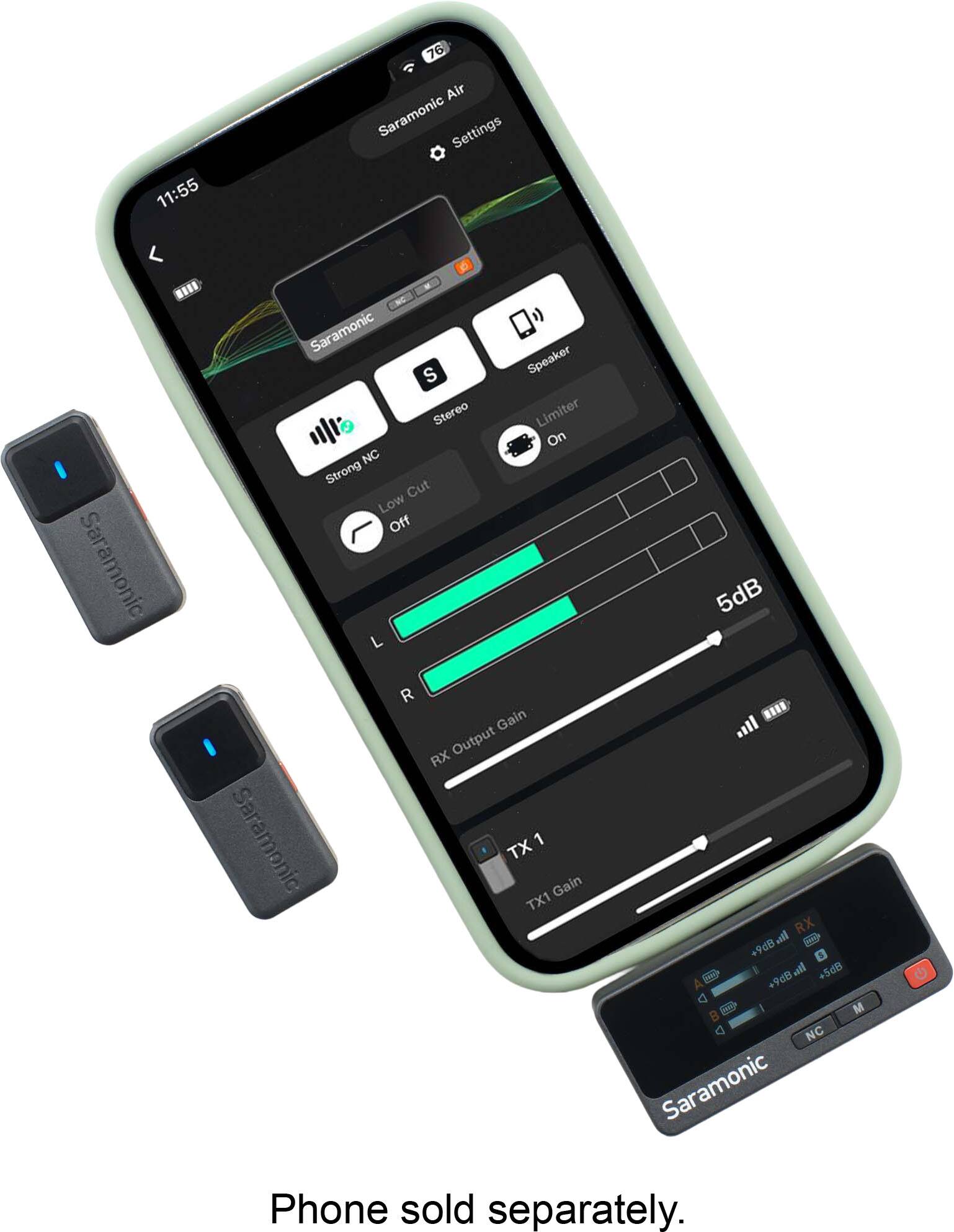 11:55 76 Air Saramonic Settings Saramonic S Speaker Stereo Limiter On NC Strong Cut Low Off L R Gain RX Output Saramonic TX 1 Gain TX1 5dB RX all - +9dB l +5dB +9dB 21 M NC Saramonic Phone sold separately.