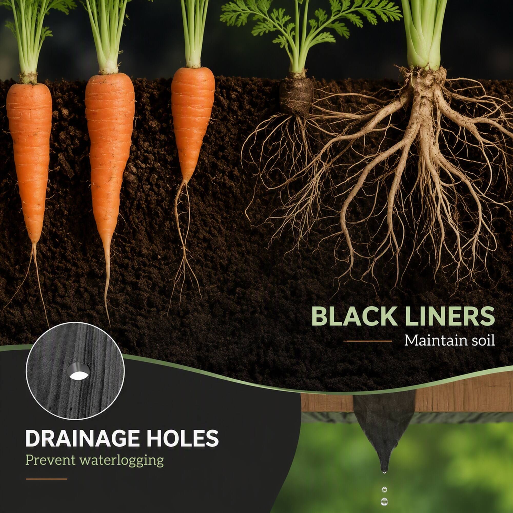 BLACK LINERS  
Maintain soil  

DRAINAGE HOLES  
Prevent waterlogging