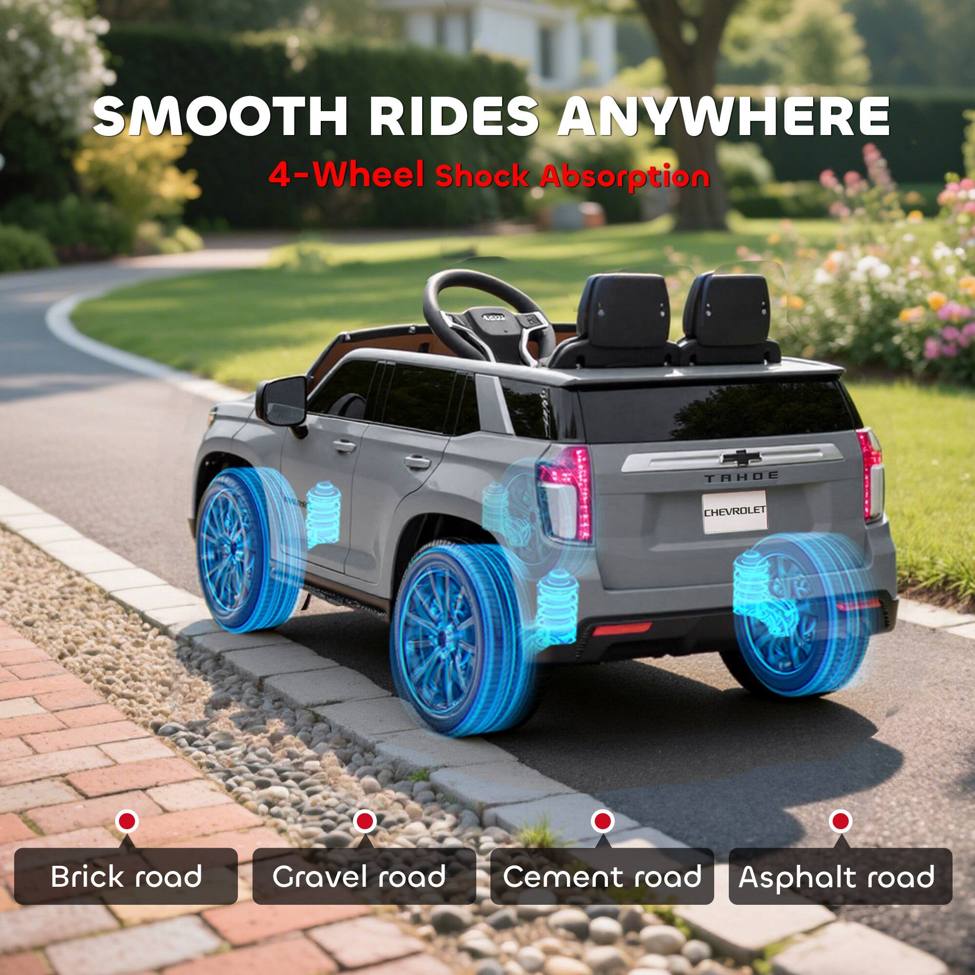 SMOOTH RIDES ANYWHERE  
4-Wheel Shock Absorption  

Brick road  
Gravel road  
Cement road  
Asphalt road