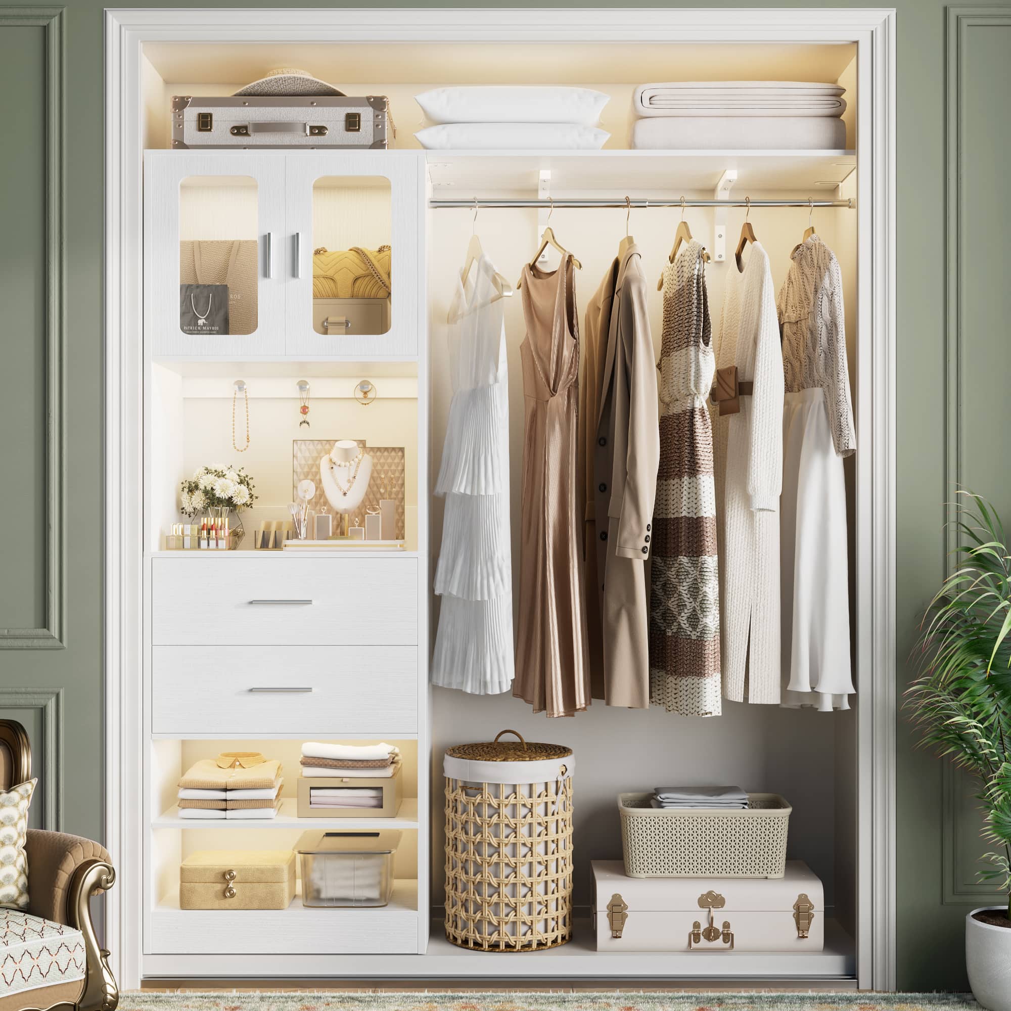 Aheaplus - 5FT Wall-Mounted Closet Organizer with Drawers, Hanging Rod, and Shelves, Sturdy & Easy Assembly - White price history on PriceWatchPro