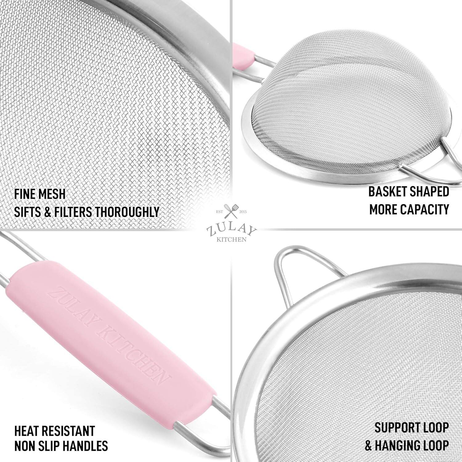 - Fine mesh sifts & filters thoroughly
- Basket shaped more capacity
- Heat resistant non slip handles
- Support loop & hanging loop