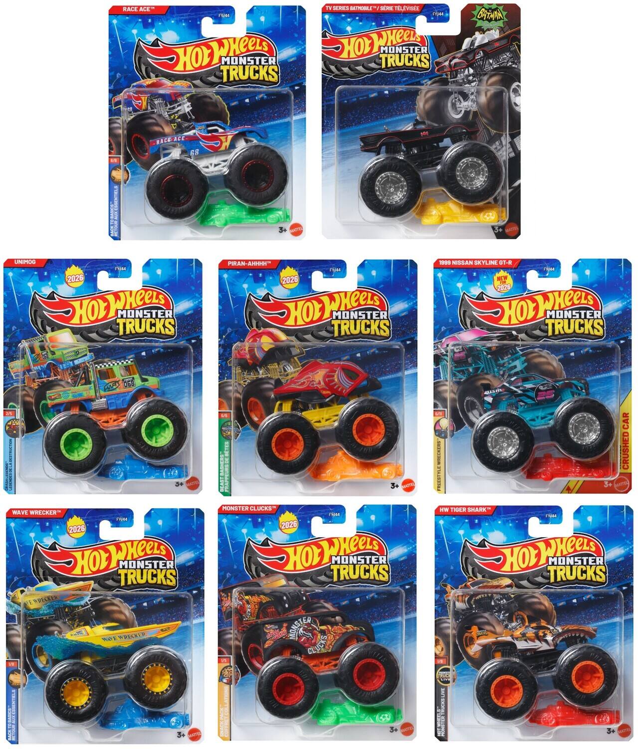RACE ACE  
Hot Wheels Monster Trucks  
TV Series  
2026  
URIMOG  
PIRAN-ABRHH!  
1999 Nissan Skyline GT-R  
WAVE WRECKER  
MONSTER CLUCKS  
HW TIGER SHARK  
3+