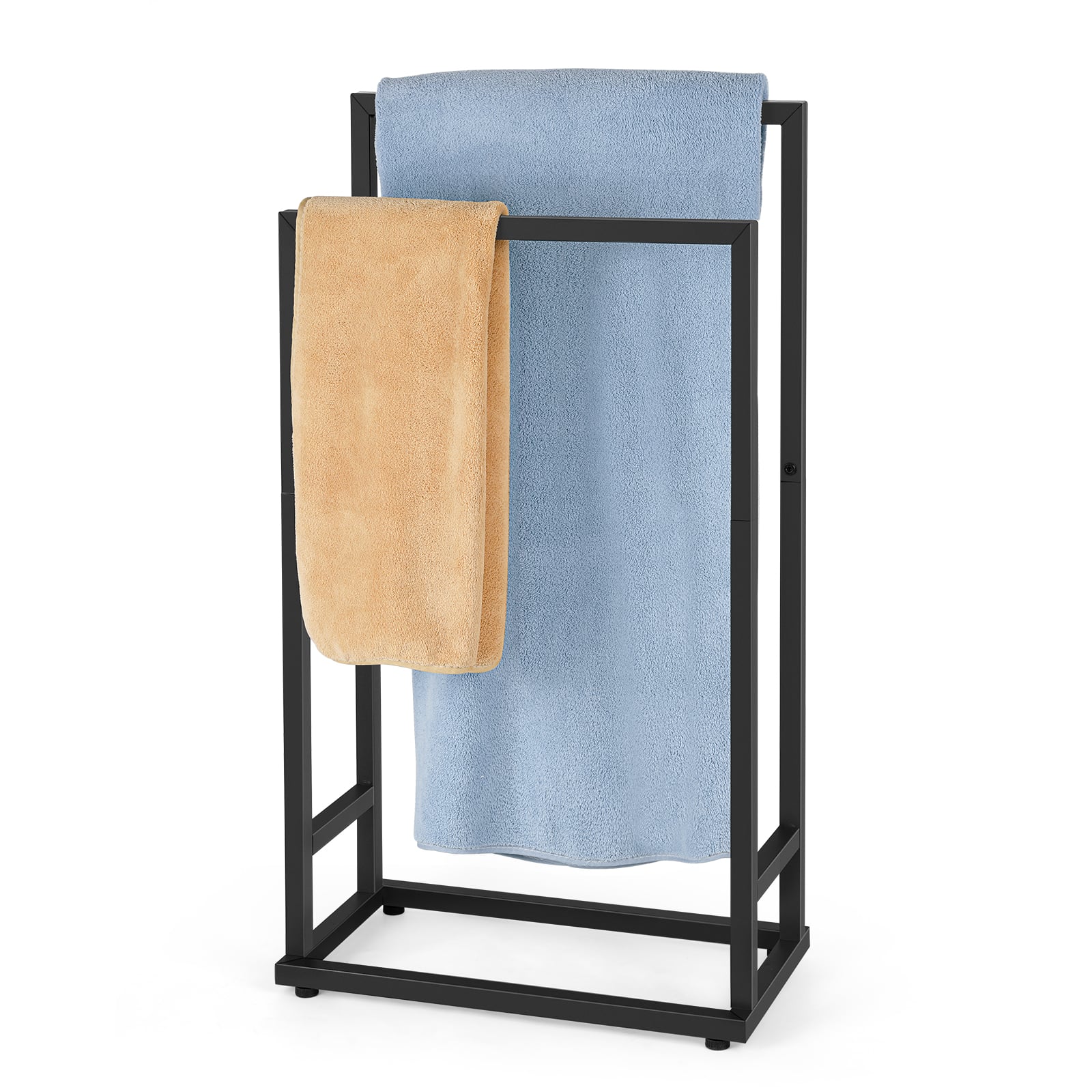 Oumilen - 2-Tier Freestanding Towel Rack, Square Tube Metal Bathroom Towel Stand with Adjustable Foot Pads - Black