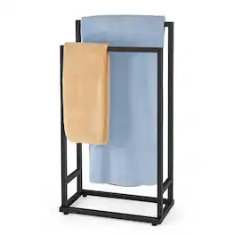 Oumilen - 2-Tier Freestanding Towel Rack, Square Tube Metal Bathroom Towel Stand with Adjustable Foot Pads - Black