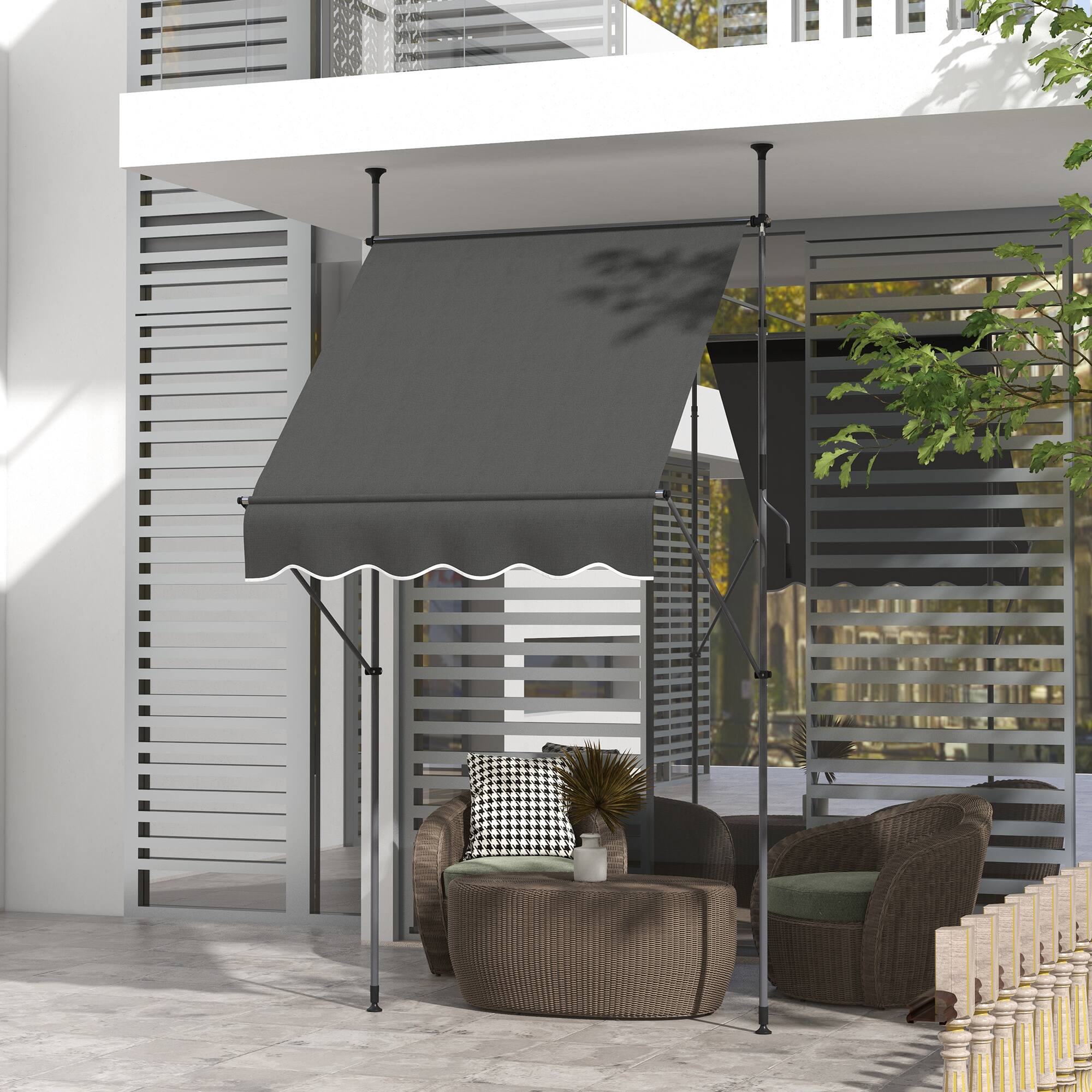 Alt View 1. Outsunny - Manual Retractable Awning, 59" Non-Screw Patio Sun Shade Shelter with Support Pole Stand - Dark Gray.