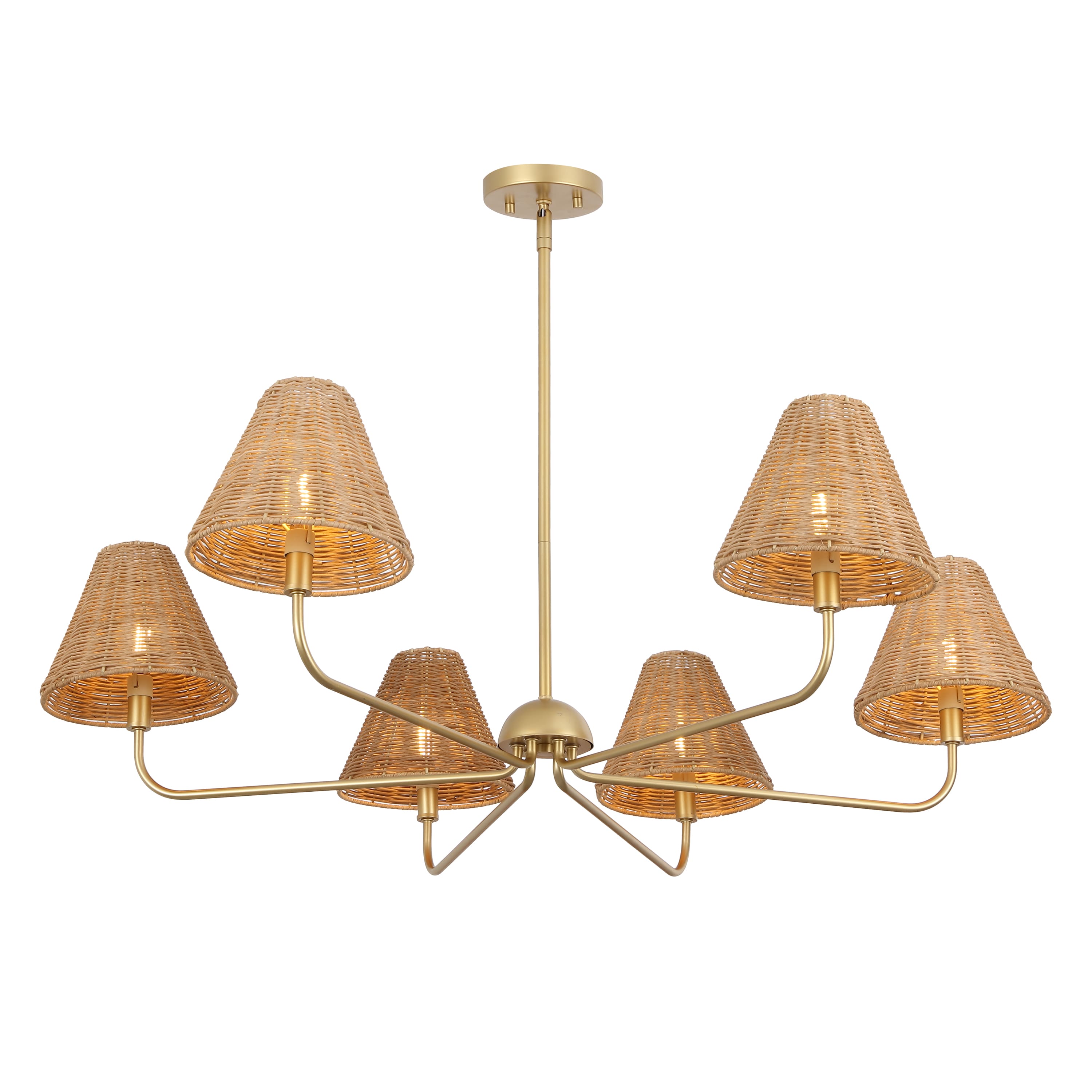 "Jonathan Y - Pauline 38"" 6-Light Coastal Adjustable Swooping Arm Candle-Style Metal with Rattan Shades LED Chandelier, Natural/Gold - Gold Painting/Brown" price history on PriceWatchPro