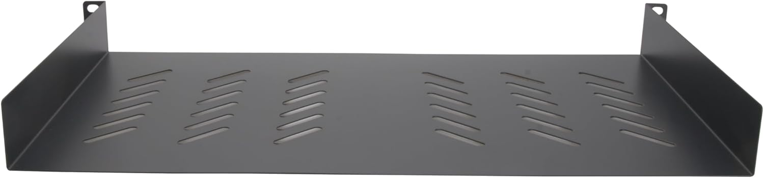 Angle. Cables Direct Online - 1U 19" Universal Vented Server Rack Shelf - 10" (250mm) Deep Steel Tray No-Lip, 11 lb Max Capacity - Black.