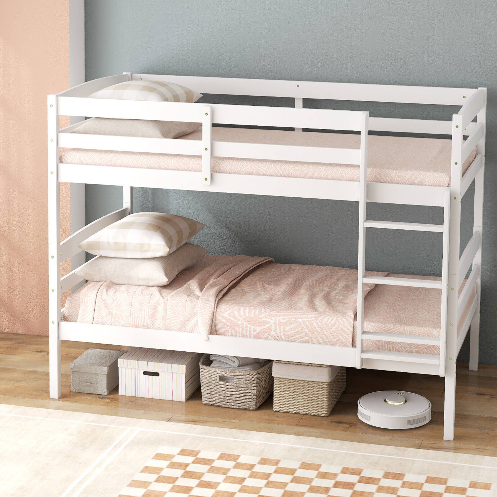 Alt View 1. Gymax - Gymax Twin Over Twin Bunk Bed Wooden Convertible Into 2 Beds High Guardrails White - White.