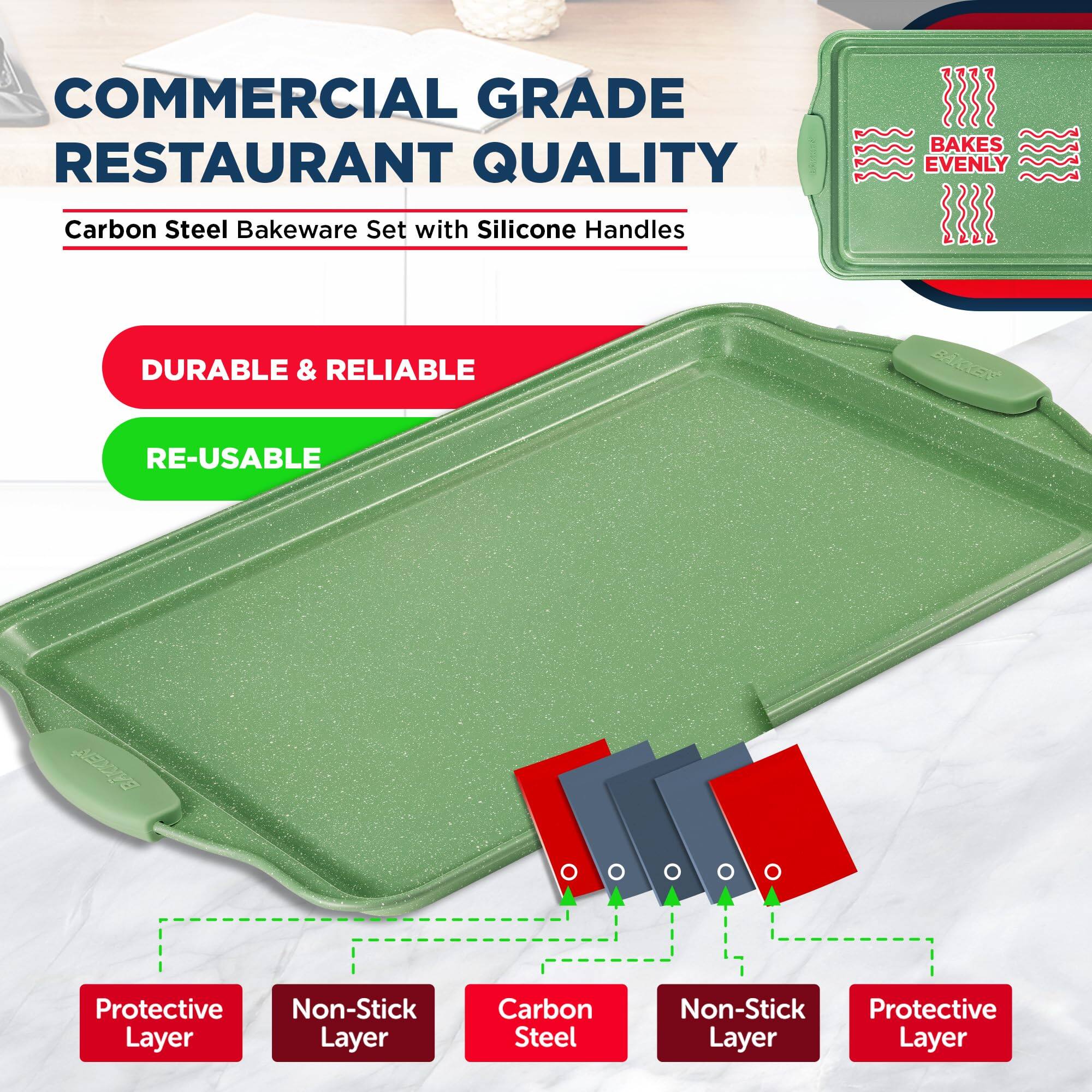 COMMERCIAL GRADE RESTAURANT QUALITY, BAKES EVENLY, Carbon Steel Bakeware Set with Silicone Handles, DURABLE & RELIABLE, RE-USABLE, Protective Layer, Non-Stick Layer, Carbon Steel, Non-Stick Layer, Protective Layer