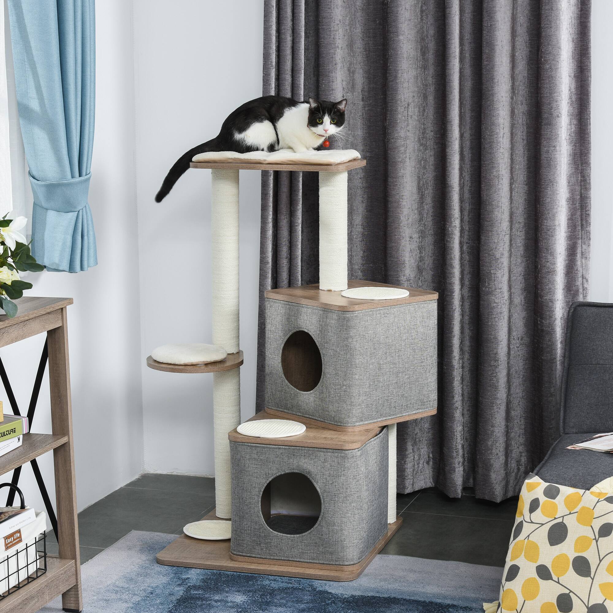Angle. Pawhut - 44" H Feline Cat Tower Tree House with Sisal Scratching Posts, Soft Relaxing Cushions, & Many Perches/Condos - Brown, Grey and White.
