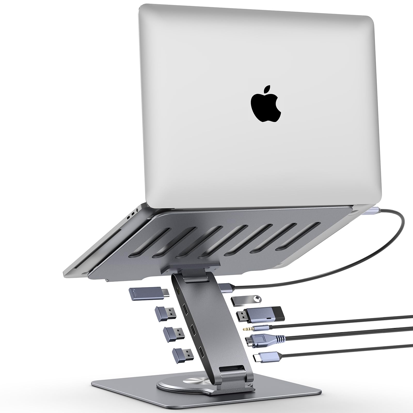 Front. HongFei - Adjustable Laptop Stand for Desk with Docking Station 9-in-1, Aluminum Laptop Riser with USB Hub, 360° Swivel - Gray.