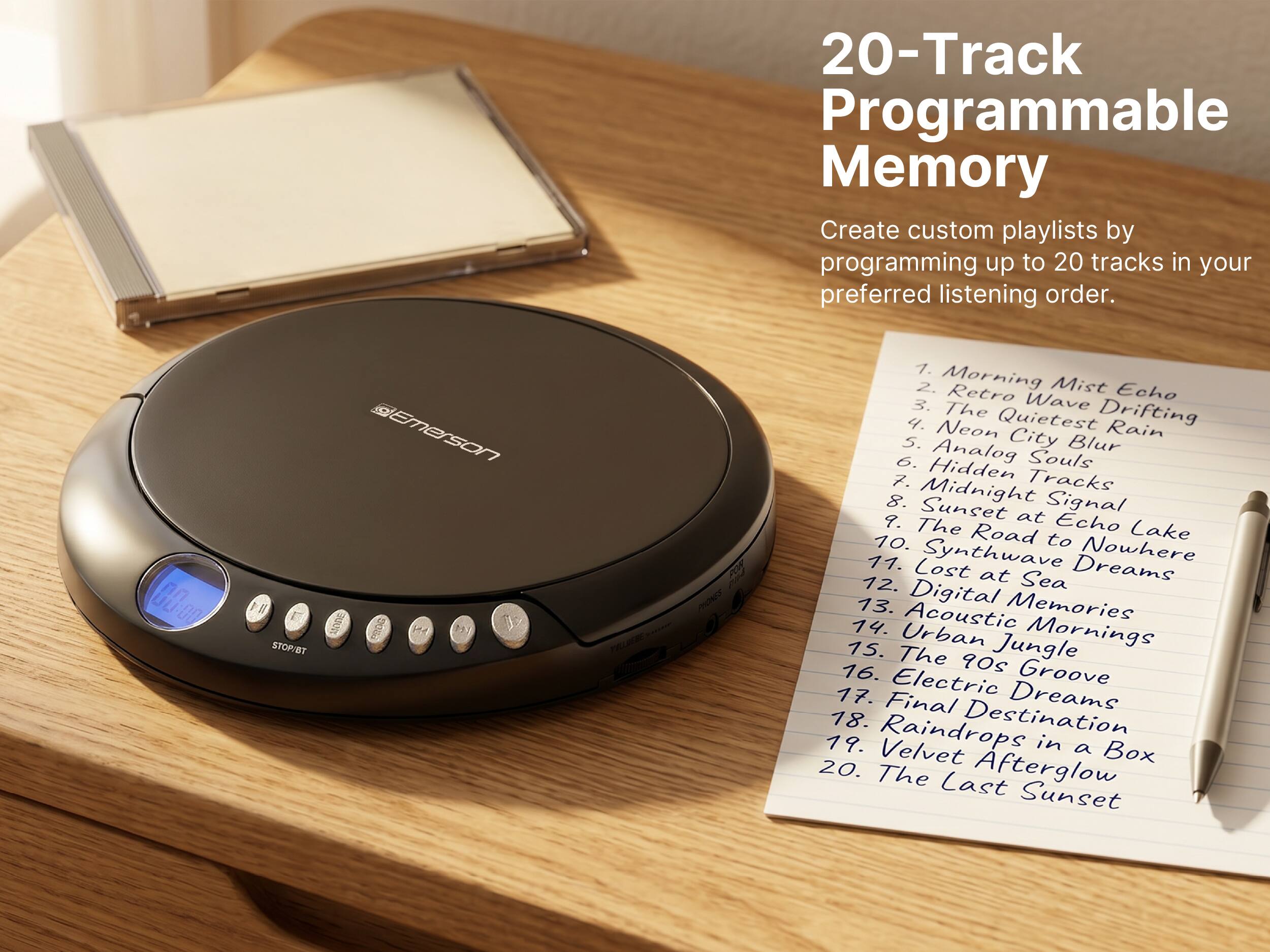 20-Track Programmable Memory

Create custom playlists by programming up to 20 tracks in your preferred listening order.

1. Morning Mist Echo
2. Retro Wave
3. The Drifting
4. Neon Quietest Rain
5. City Blur
6. Analog Souls
7. Hidden Tracks
8. Midnight Signal
9. Sunset at Echo Lake
10. Synthwave
11. Nowhere Lost at Sea Dreams
12. Digital
13. Acoustic Memories
14. Urban Mornings
15. The 90s Jungle
16. Electric Groove
17. Final Dreams
18. Raindrops Destination
19. Velvet in a Box
20. The Afterglow Last Sunset