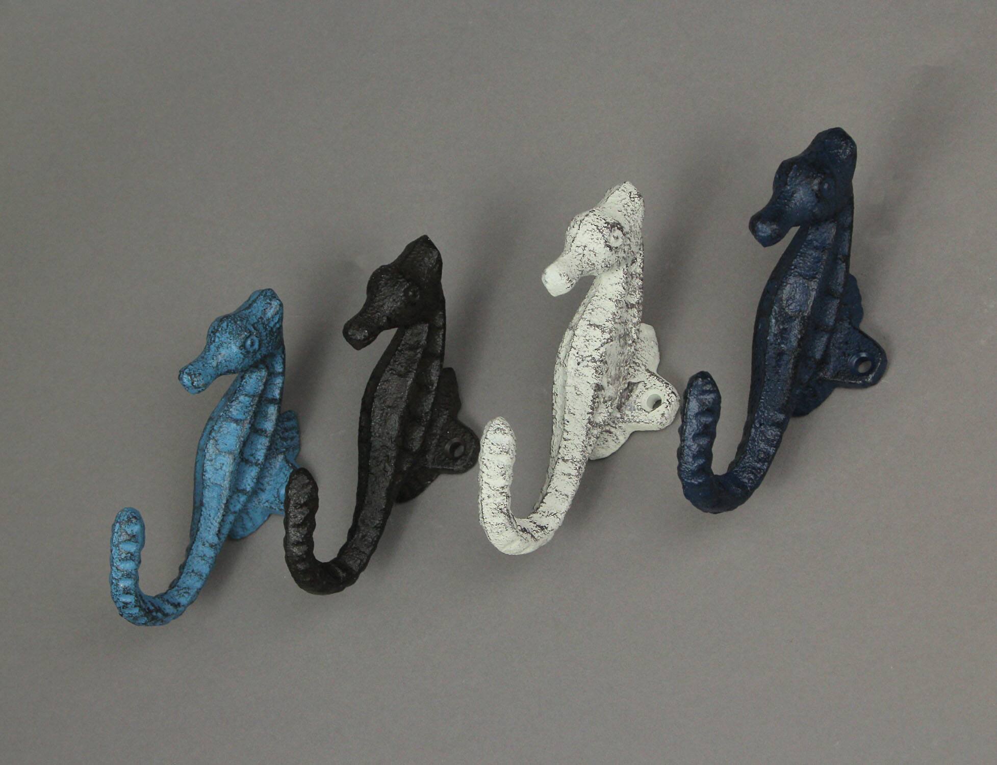 Alt View 4. Zeckos - Set of 4 Colorful Coastal Cast Iron Seahorse Decorative Wall Hooks 5 inch - Multicolored.