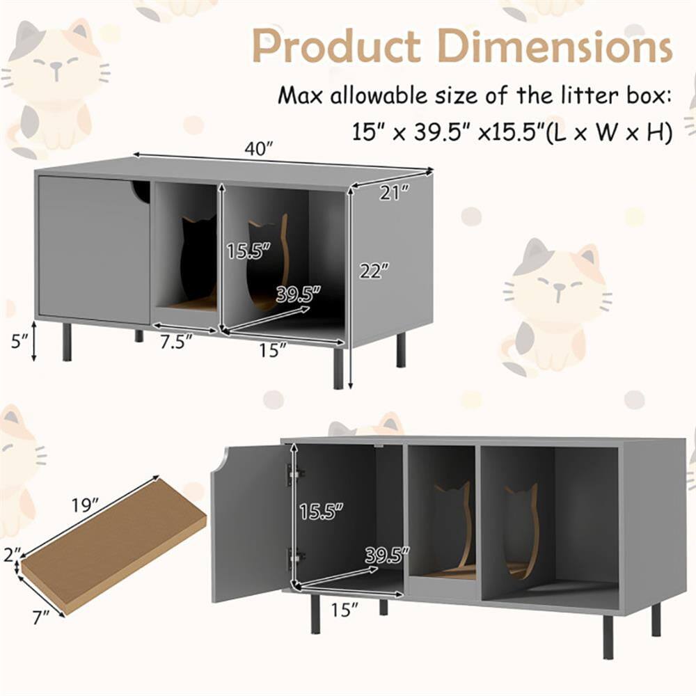 Product Dimensions  
Max allowable size of the litter box: 15" x 39.5" x 15.5" (L x W x H)