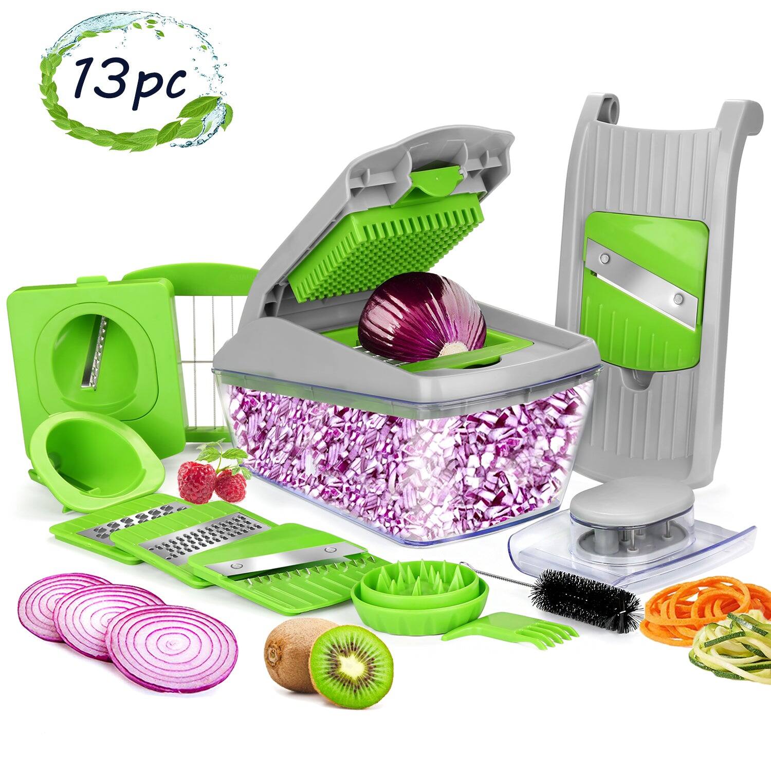 Fitnate - 13Pcs Vegetable Spiralizer Mandoline Slicer Dicer Food Chopper - Green Gray