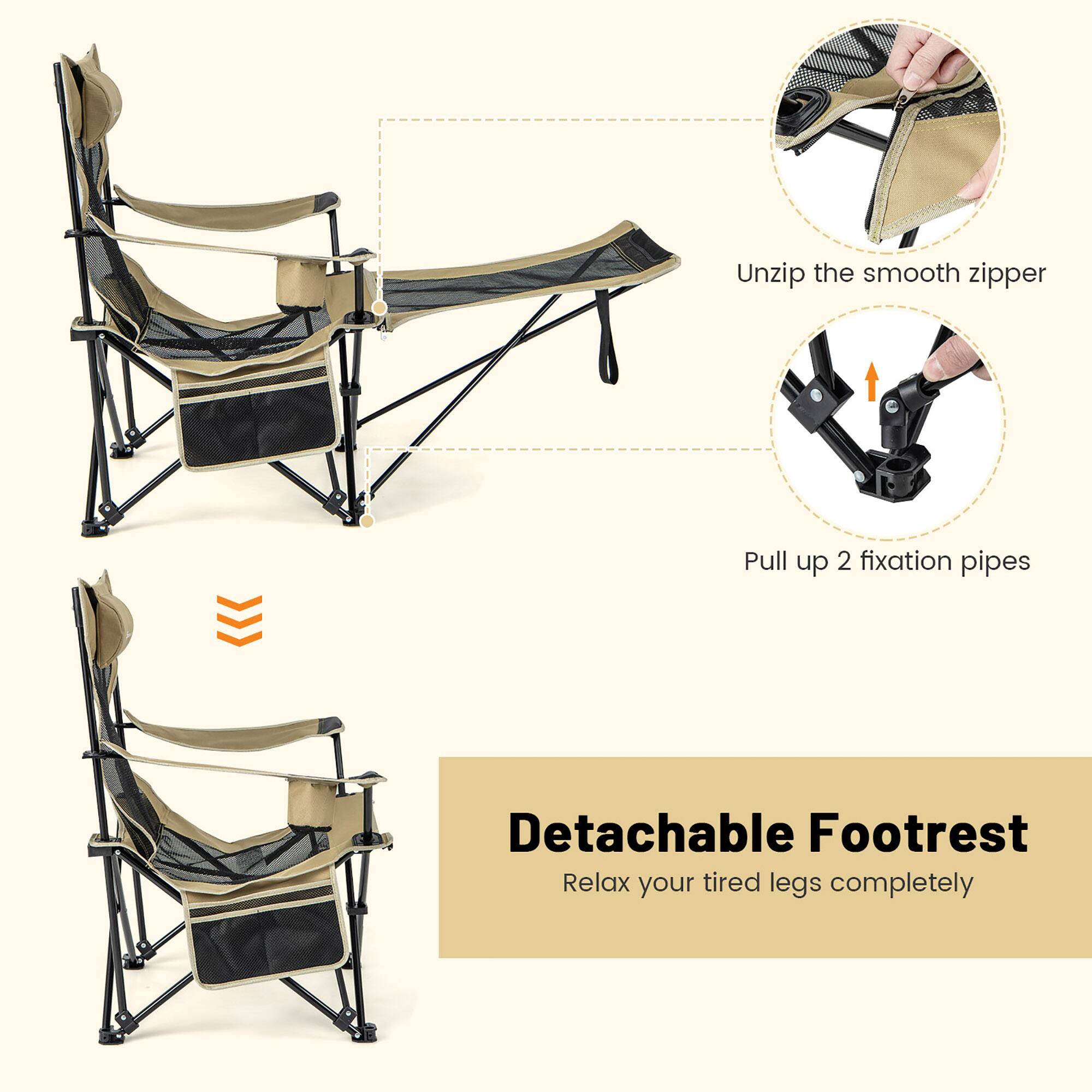 Unzip the smooth zipper  
Pull up 2 fixation pipes  
Detachable Footrest  
Relax your tired legs completely