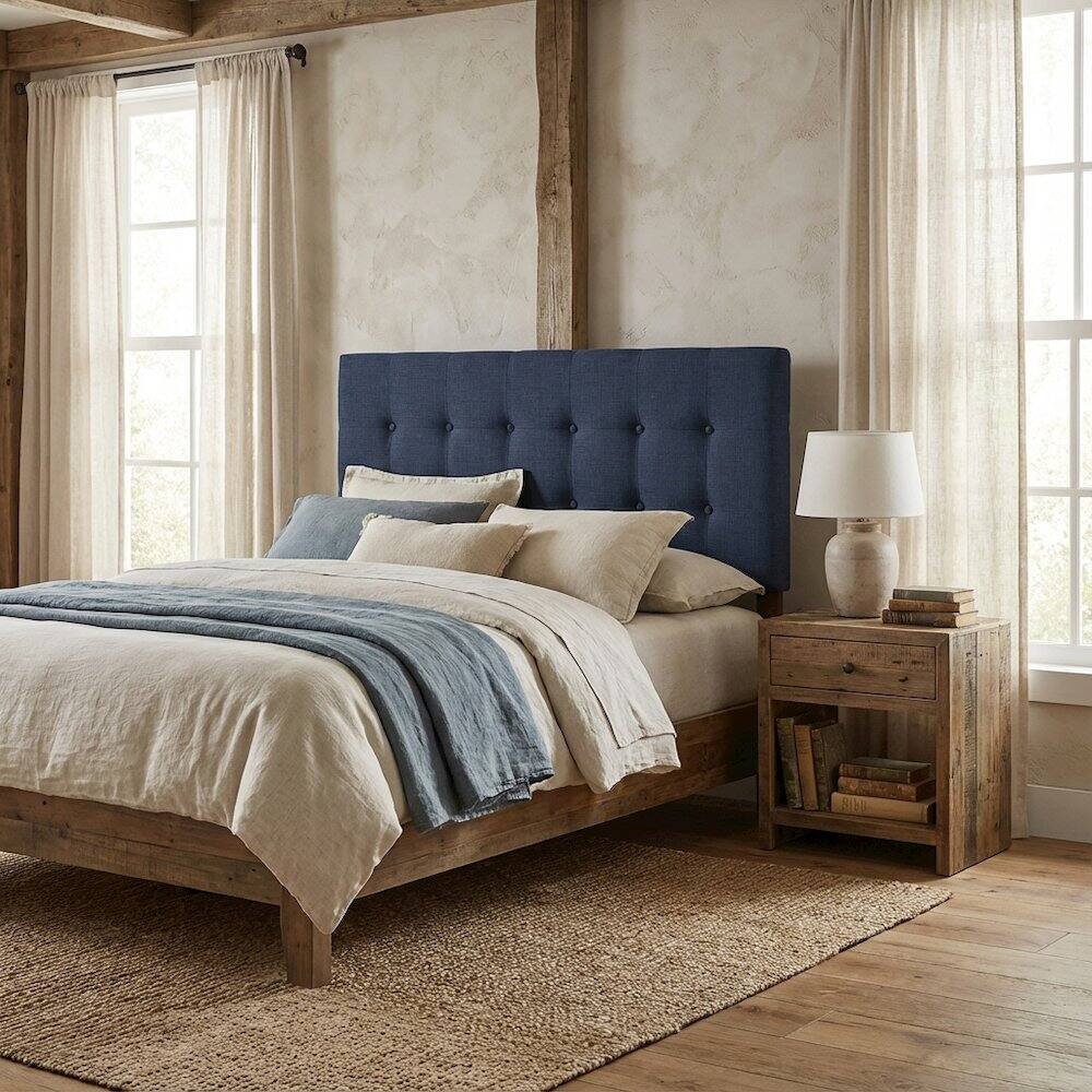 Angle. FurniFact - Upholstered Twin Fabric Headboard with Soft Padding and Classic Design - Blue.