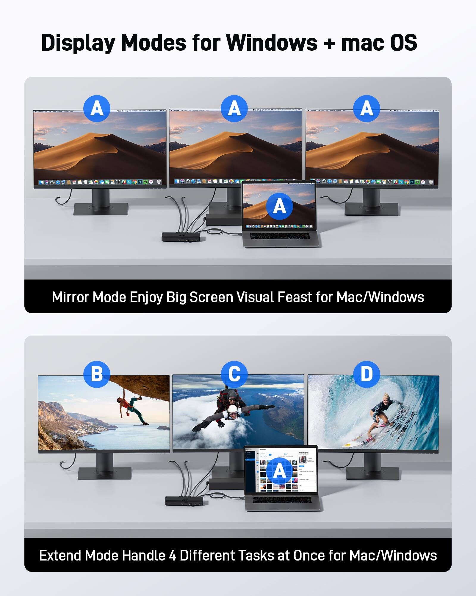 Display Modes for Windows + mac OS

A A A

Mirror Mode Enjoy Big Screen Visual Feast for Mac/Windows

D

Extend Mode Handle 4 Different Tasks at Once for Mac/Windows