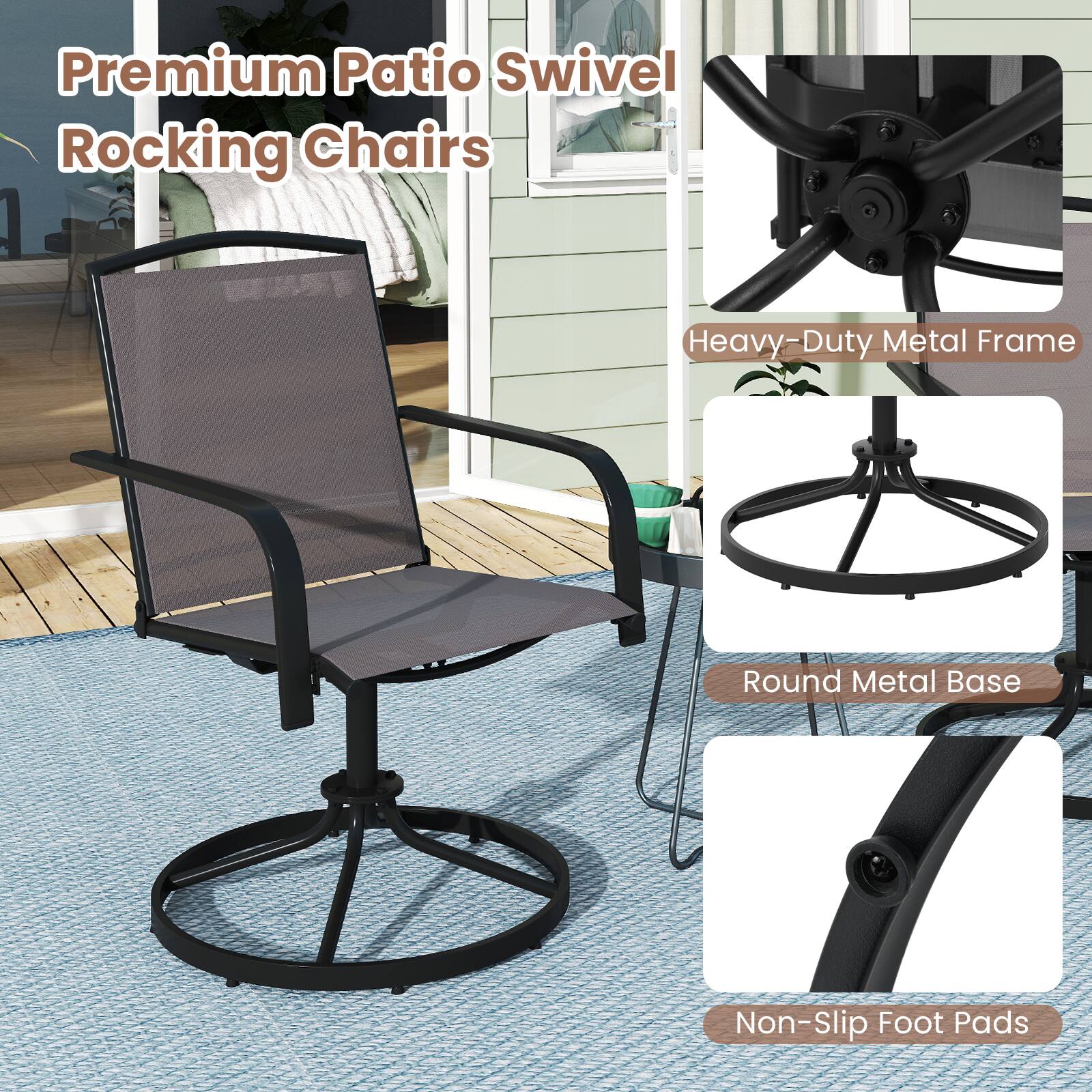 Premium Patio Swivel Rocking Chairs

- Heavy-Duty Metal Frame
- Round Metal Base
- Non-Slip Foot Pads