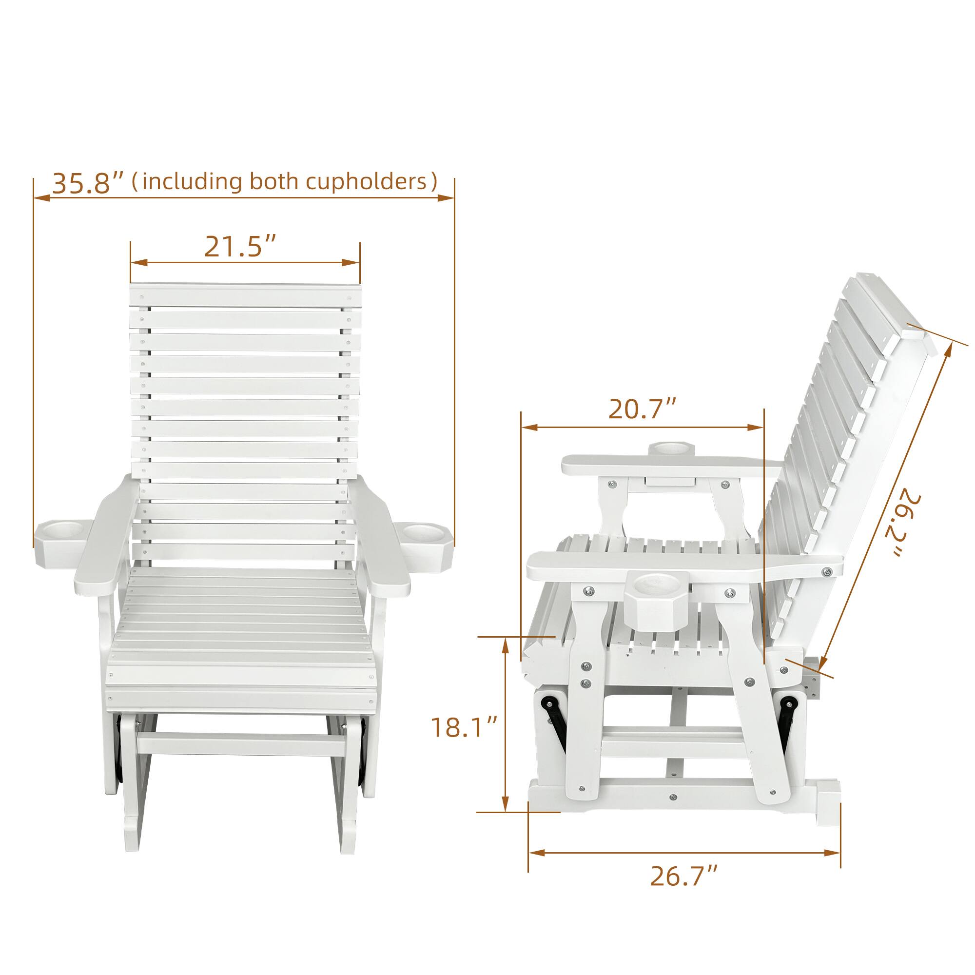 Angle. Fortune Candy - Wooden Patio Glider w/High Back & Deep Contoured Seat, Solid Fir Wood, Heavy-Duty 600 lbs(1 Searter, 2 Pack) - White.