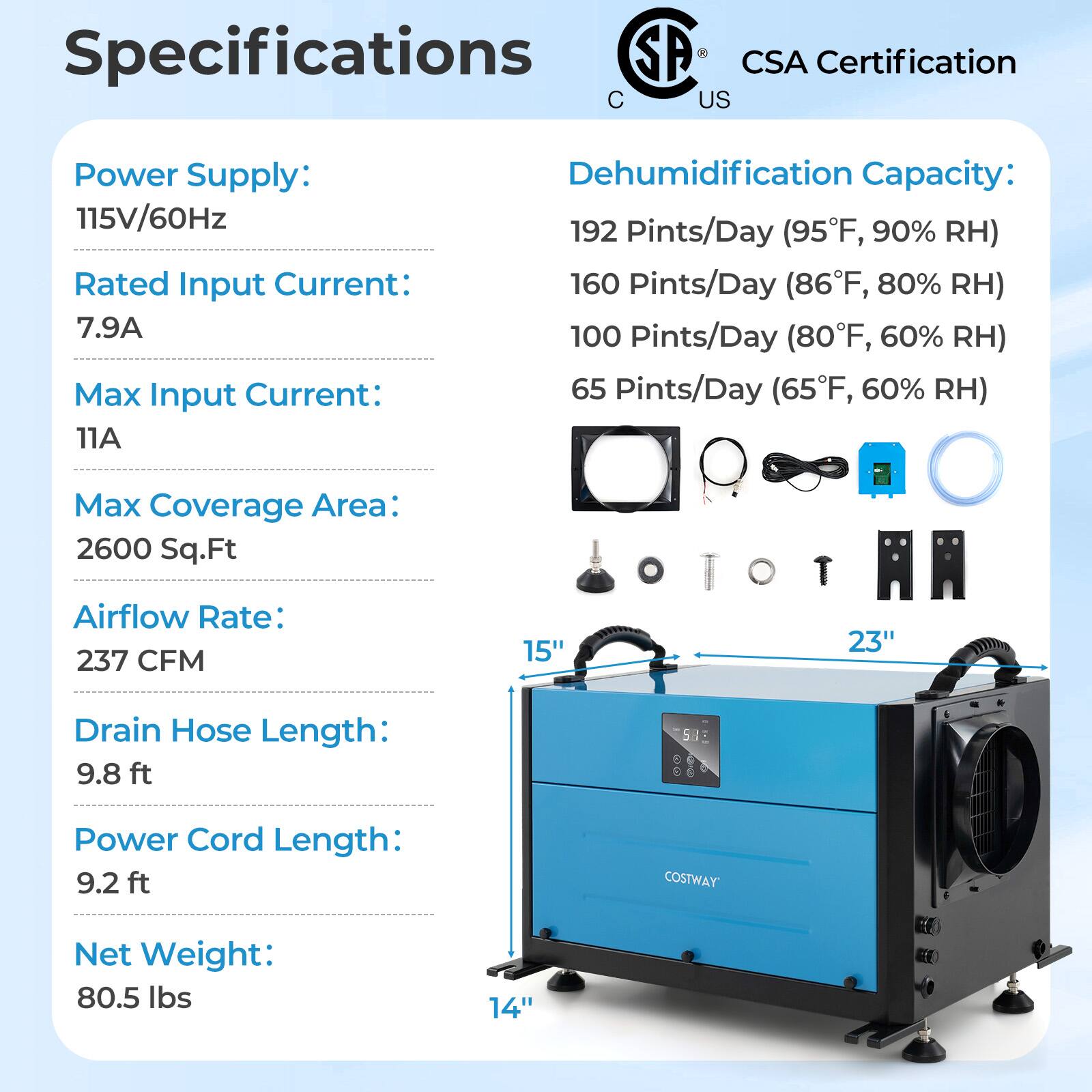 Specifications:

* CSA Certification: C US
* Power Supply: 115V/60Hz
* Rated Input Current: 7.9A
* Max Input Current: 11A
* Dehumidification Capacity:
	+ 192 Pints/Day (95F, 90% RH)
	+ 160 Pints/Day (86F, 80% RH)
	+ 100 Pints/Day (80F, 60% RH)
	+ 65 Pints/Day (65F, 60% RH)
* Max Coverage Area: 2600 Sq.Ft
* Airflow Rate: 237 CFM
* 15" 23" Drain Hose Length: 9.8 ft
* S & Power Cord Length: 9.2 ft
* COSTWAY' Net Weight: 80.5 lbs
* 14"