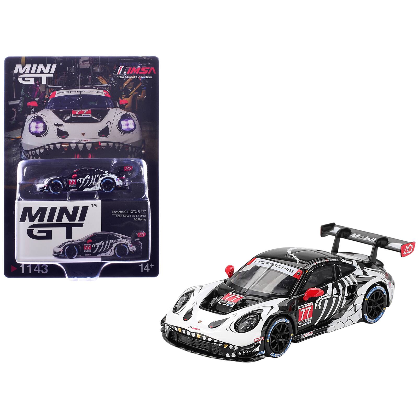 True Scale Miniatures - Porsche 911 GT3 R #77 "AO Racing Skeleton Rexy" GTD Pro IMSA "Petit Le Mans" (2025) Limited Ed 1/64 Model Car by Mini GT