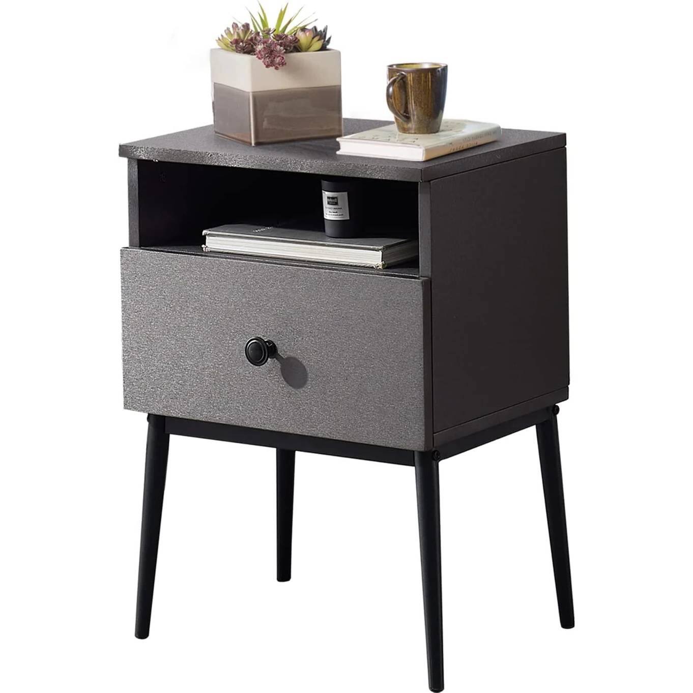 Left. Hivvago - Hivvago Set of 2 - Mid Century Modern Side Table Nightstand in Grey Black Wood Finish - Grey Black.