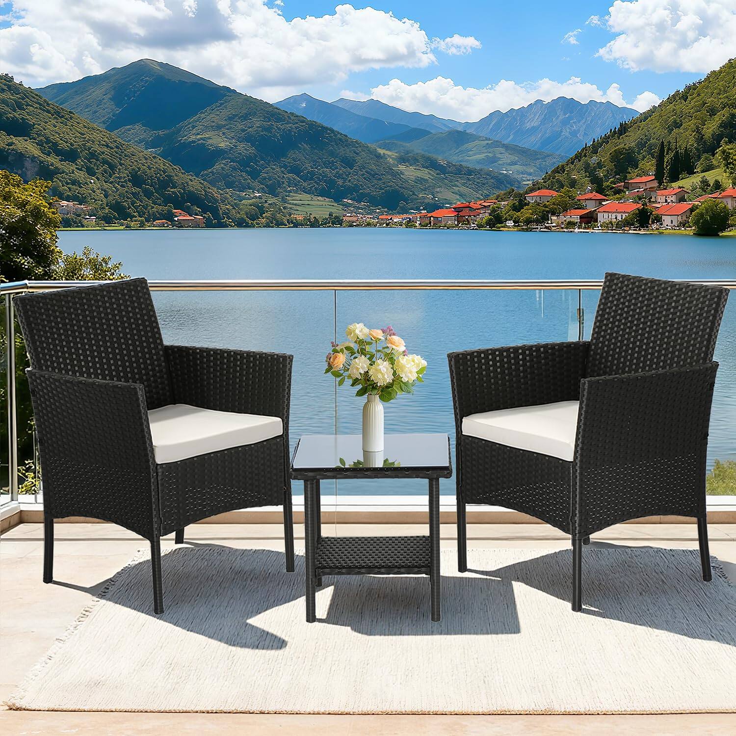 Left. Fabibe - Wicker Outdoor Furniture Patio Furniture Set of 3 Rattan Patio Chairs Outdoor Chairs Patio Conversation Set with... - Gray and Blue 3 Pieces.