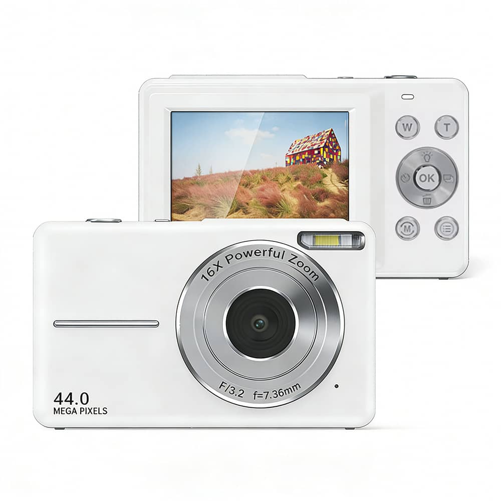 Cluzine - Digital Camera, 44MP, 1080P Video, 16X Zoom, White Compact Camera
