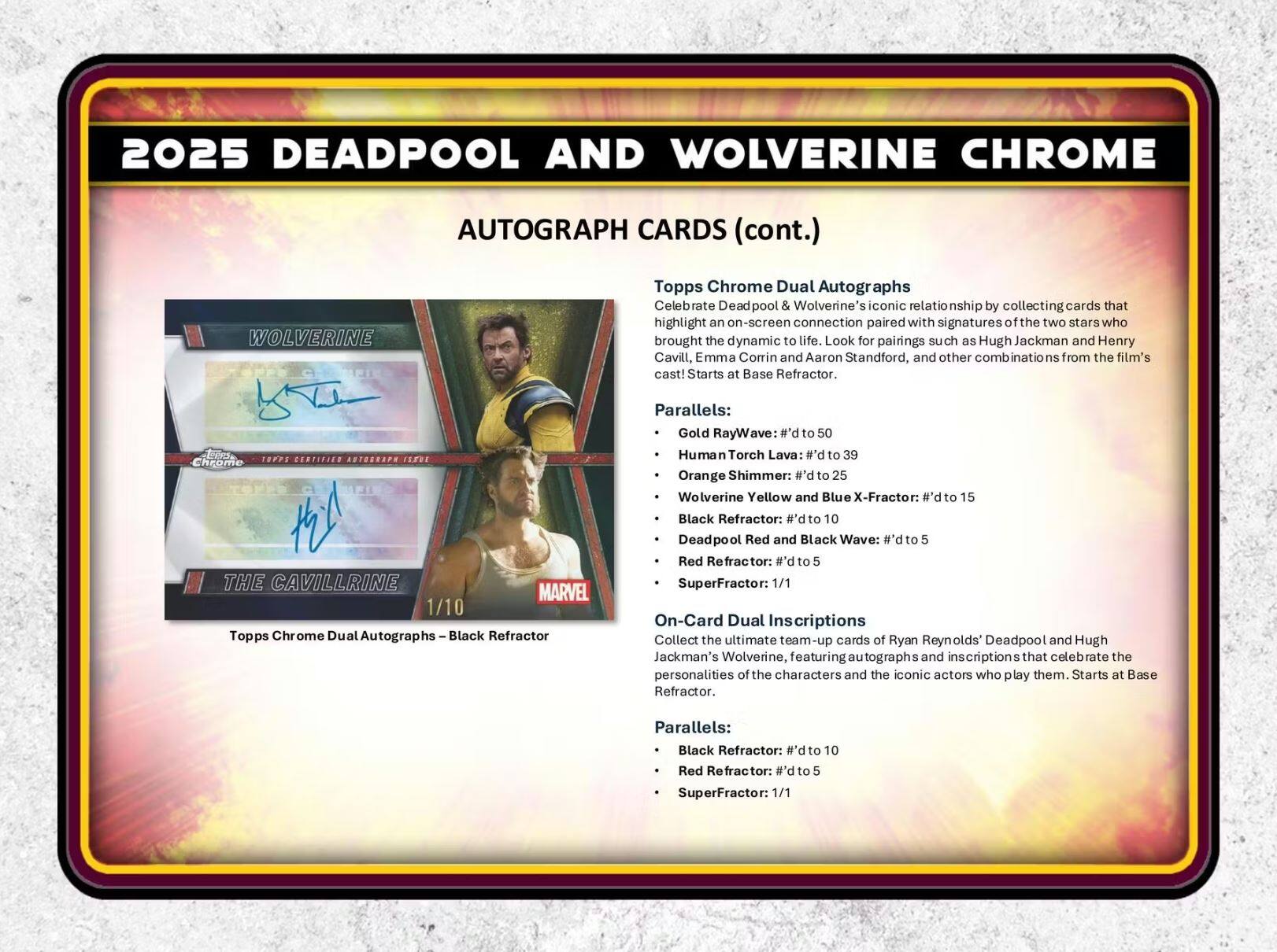 2025 DEADPOOL AND WOLVERINE CHROME

AUTOGRAPH CARDS (cont.)

Topps Chrome Dual Autographs
Celebrate Deadpool & Wolverine's iconic relationship by collecting cards that highlight an on-screen connection paired with signatures of the two stars who brought the dynamic to life. Look for pairings such as Hugh Jackman and Henry Cavill, Emma Corrin and Aaron Stanford, and other combinations from the film's cast! Starts at Base Refractor.

Parallels:
- Gold RayWave: #’d to 50
- Human Torch Lava: #’d to 39
- Orange Shimmer: #’d to 25
- Wolverine Yellow and Blue X-Fractor: #’d to 15
- Black Refractor: #’d to 10
- Deadpool Red and Black Wave: #’d to 5
- Red Refractor: #’d to 5
- SuperFractor: 1/1

THE CAVILLRINE MARVEL 1/10
Topps Chrome Dual Autograph Black Refractor

On-Card Dual Inscriptions
Collect the ultimate team-up cards of Ryan Reynolds' Deadpool and Hugh Jackman