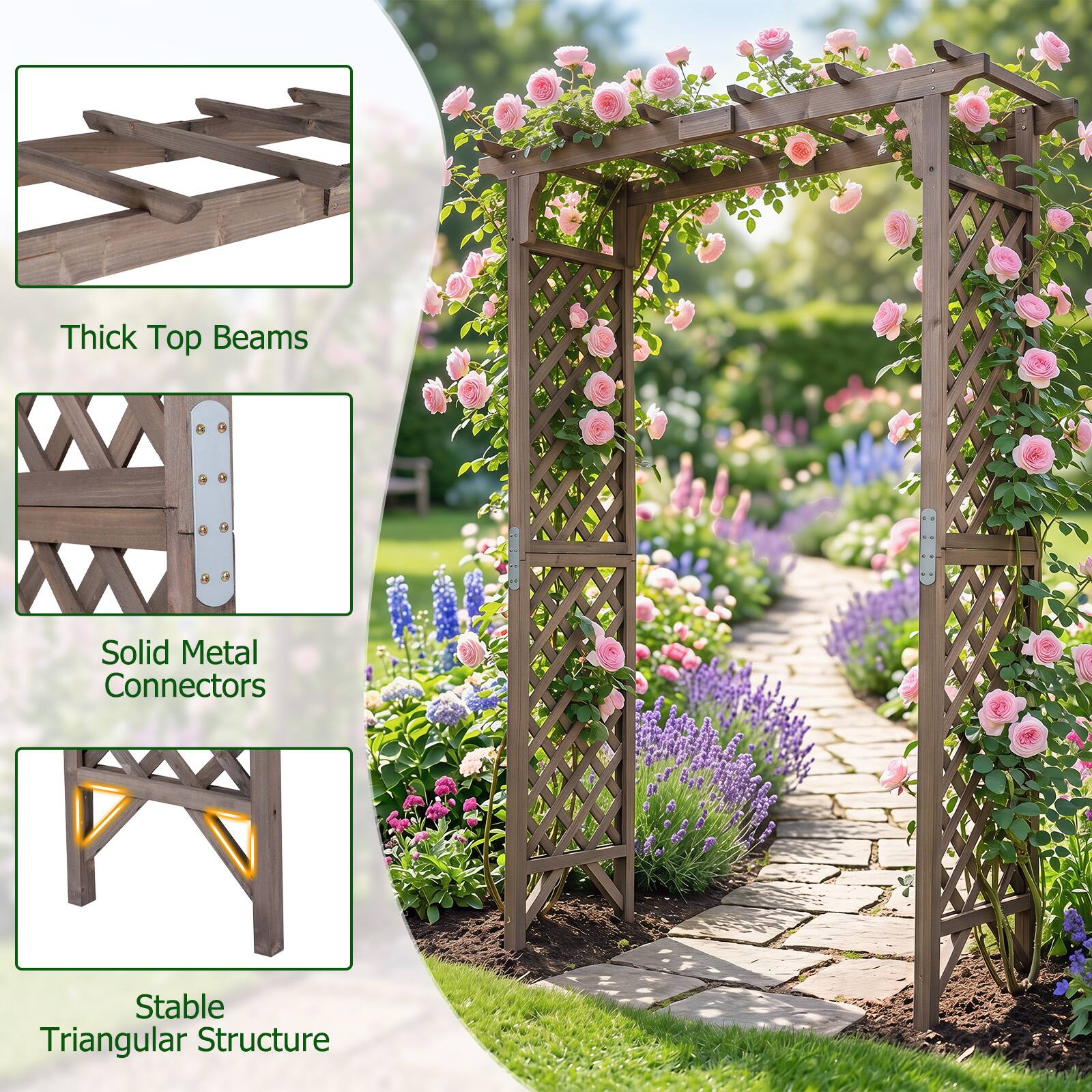 Thick Top Beams  
Solid Metal Connectors  
Stable Triangular Structure