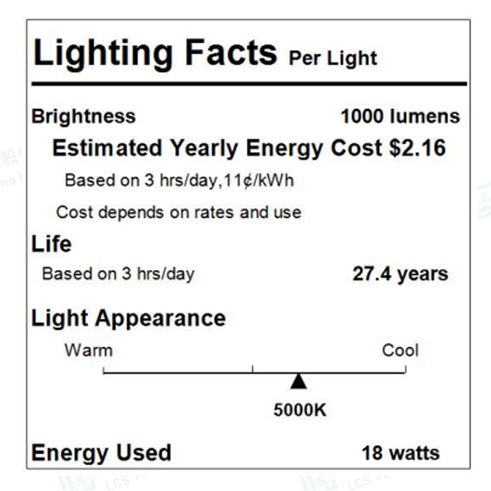 Lighting Facts Per Light

Brightness: 1000 lumens

Estimated Yearly Energy Cost: $2.16  
Based on 3 hrs/day, 11¢/kWh  
Cost depends on rates and use

Life: 27.4 years  
Based on 3 hrs/day

Light Appearance:  
Warm Cool  
5000K

Energy Used: 18 watts