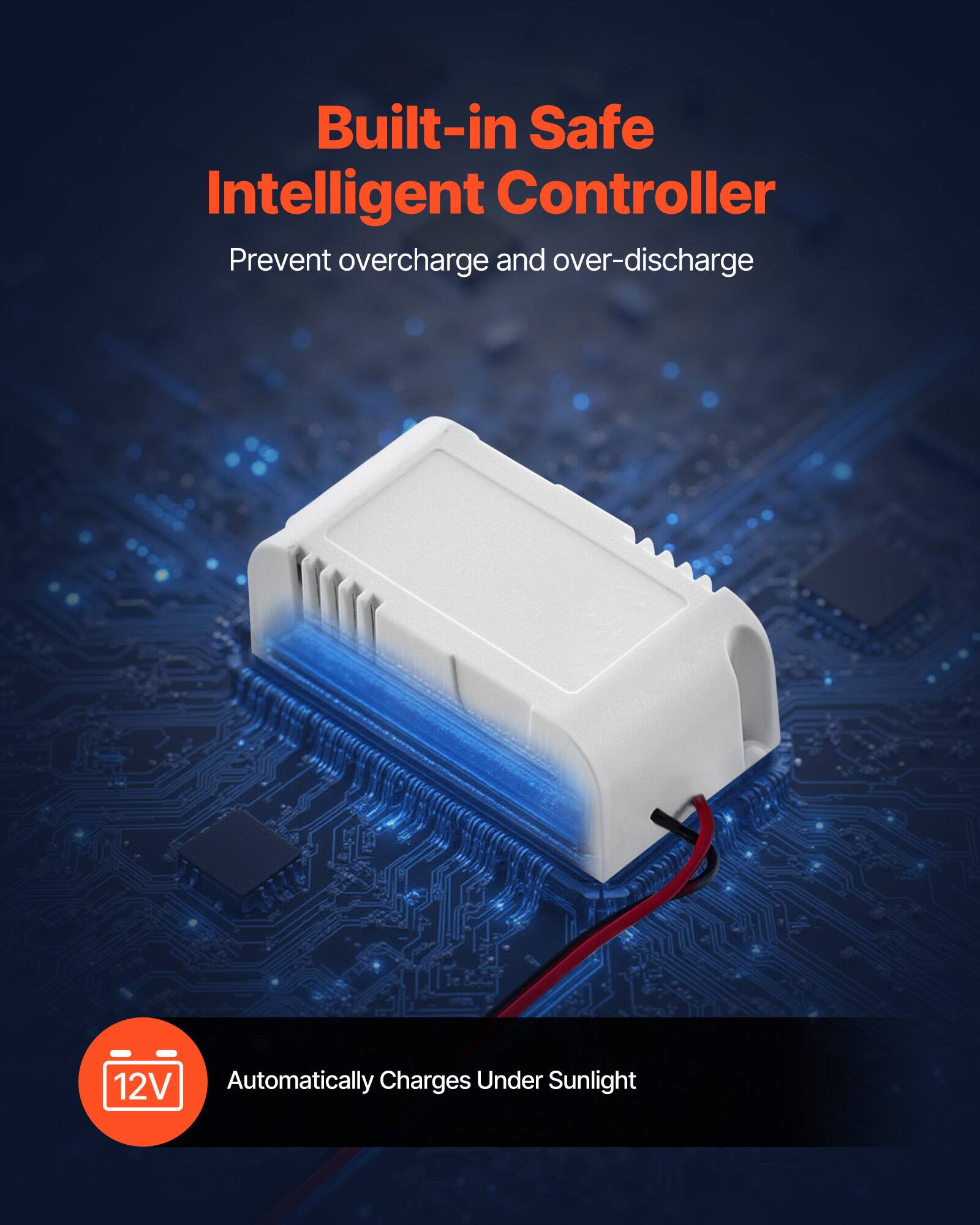 Built-in Safe Intelligent Controller  
Prevent overcharge and over-discharge  

12V  
Automatically Charges Under Sunlight