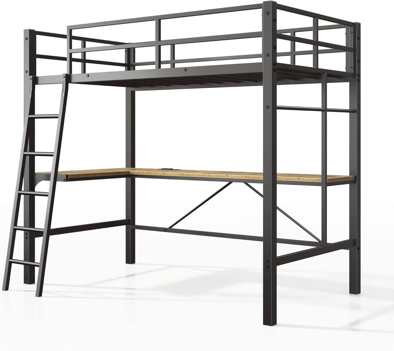 Alt View 7. ATOPSUN - Heavy-Duty Metal Twin Loft Bed with Desk, Ladder & Guardrail, Noise-Free, Space-Saving, No Box Spring Needed, Black - black.