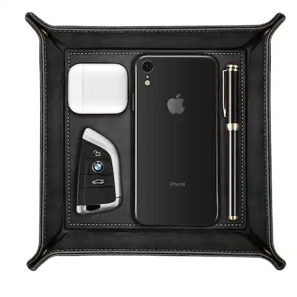 Front. Stock Preferred - Valet Tray PU Leather Desktop Storage Organizer - Black.