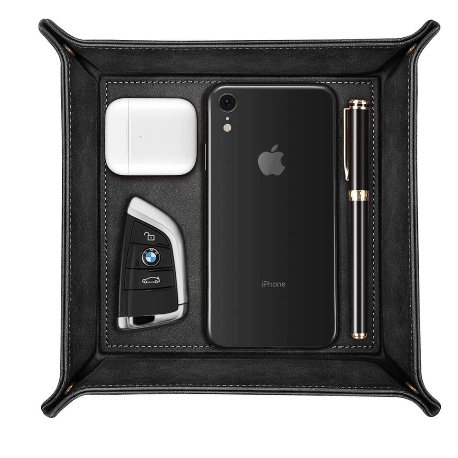 Stock Preferred - Valet Tray PU Leather Desktop Storage Organizer - Black