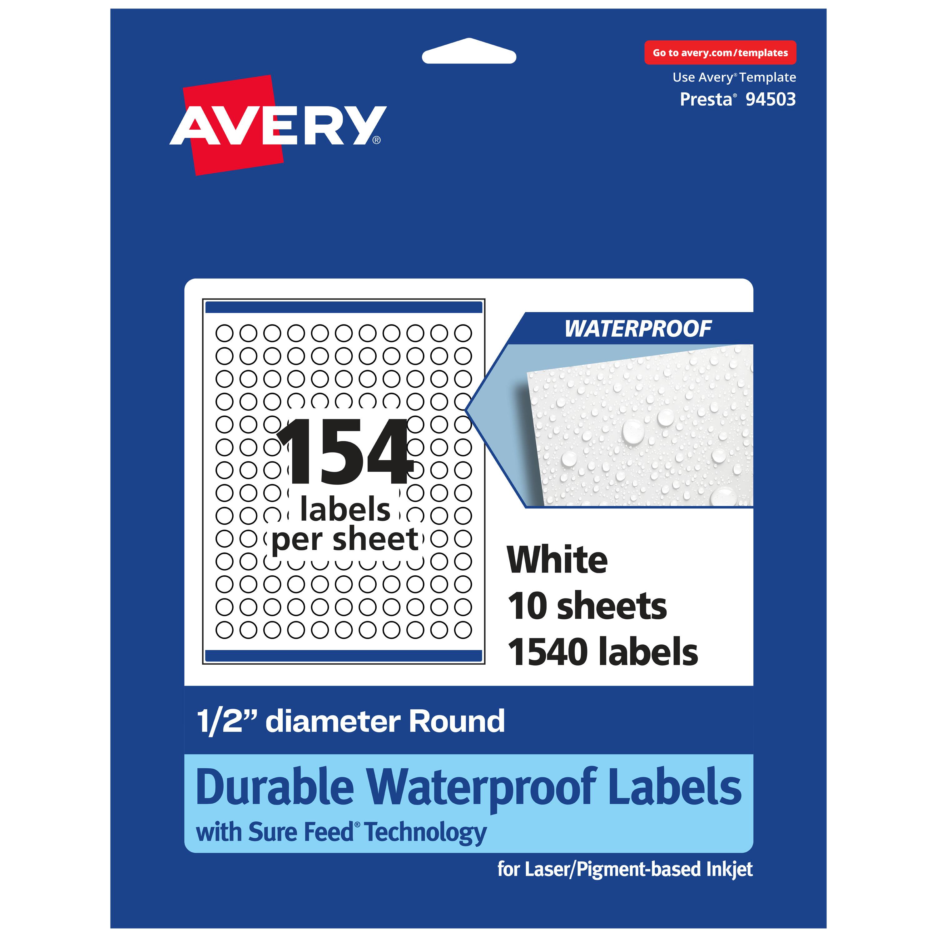 Go to avery.com/templates

AVERY

Use Avery™ Template Presta 94503

WATERPROOF

154 labels per sheet

White 10 sheets 1540 labels

1/2" diameter Round

Durable Waterproof Labels with Sure Feed Technology for Laser/Pigment-based Inkjet