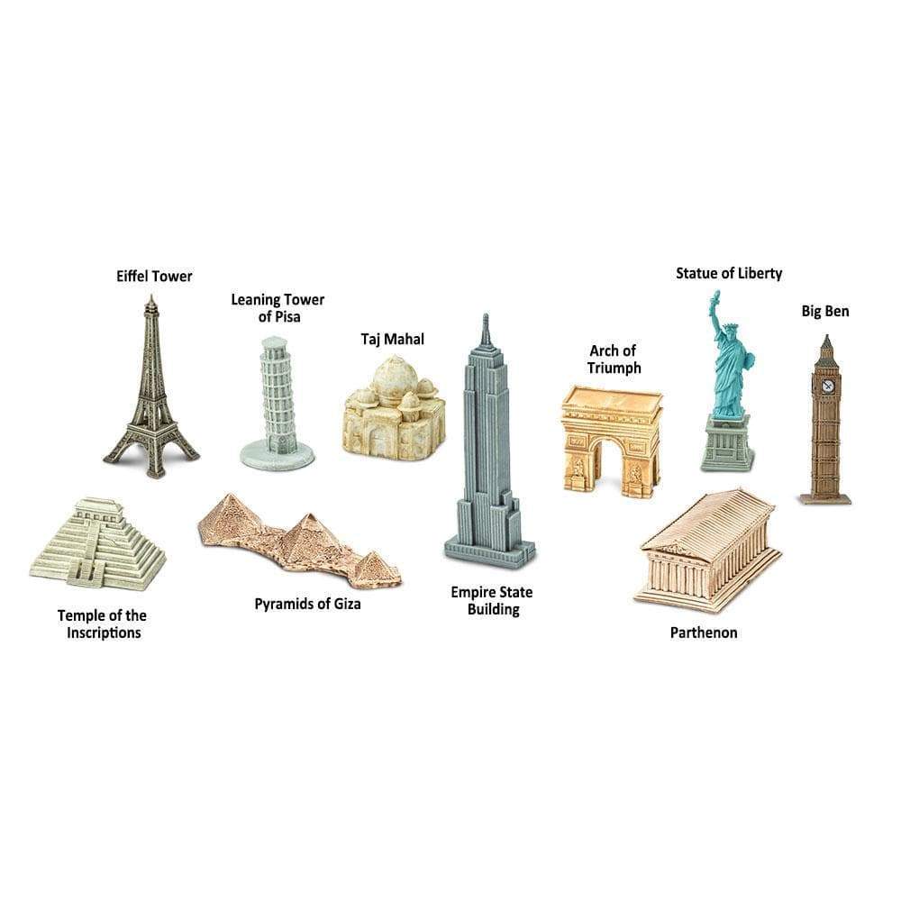 Eiffel Tower  
Leaning Tower of Pisa  
Taj Mahal  
Arch of Triumph  
Statue of Liberty  
Big Ben  
Temple of the Inscriptions  
Pyramids of Giza  
Empire State Building  
Parthenon