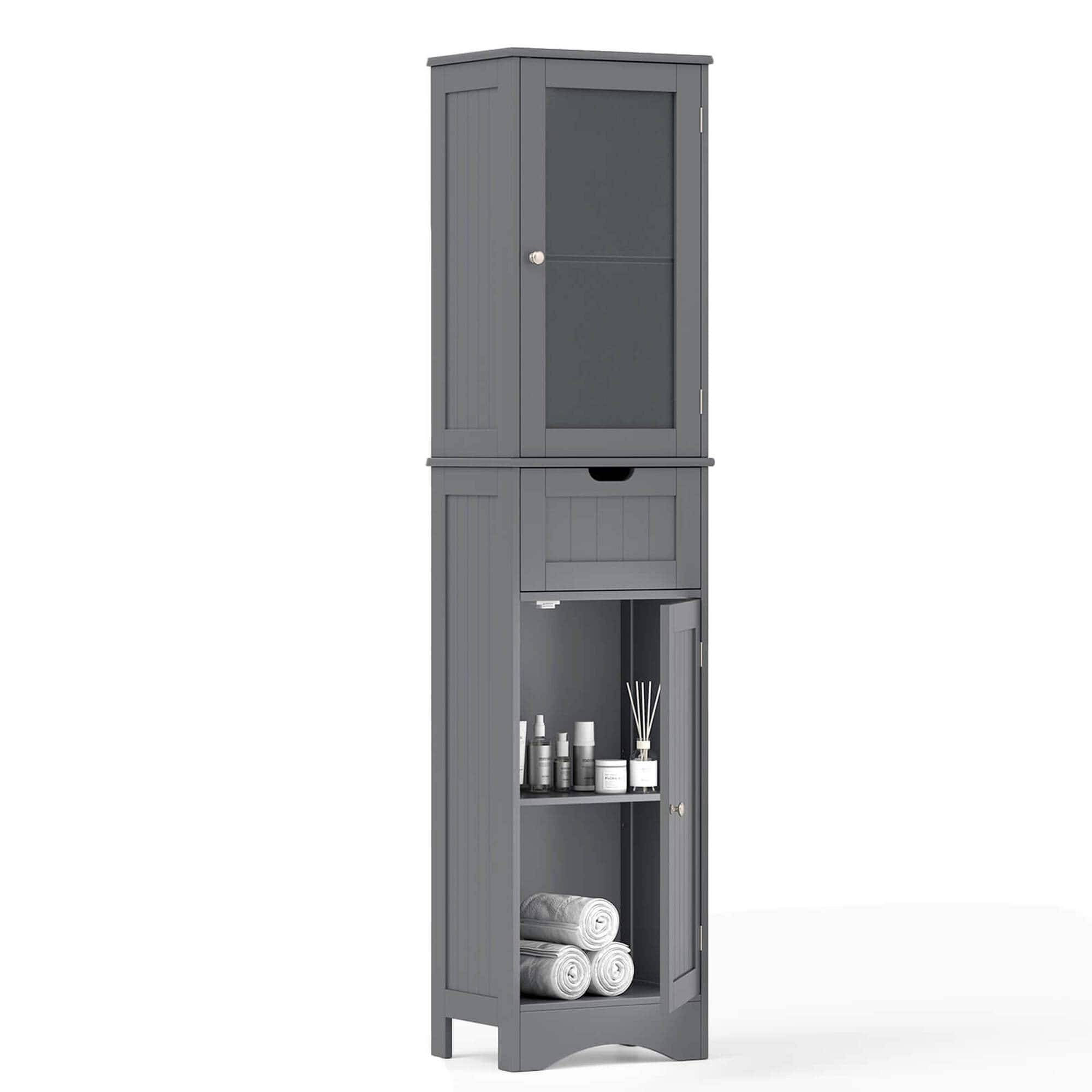 Costway - Bathroom Floor Cabinet with Adjustable Shelves Glass Door Cabinet Deep Drawer - Gray