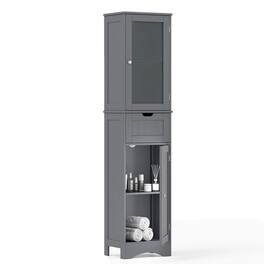 Costway - Bathroom Floor Cabinet with Adjustable Shelves Glass Door Cabinet Deep Drawer - Gray