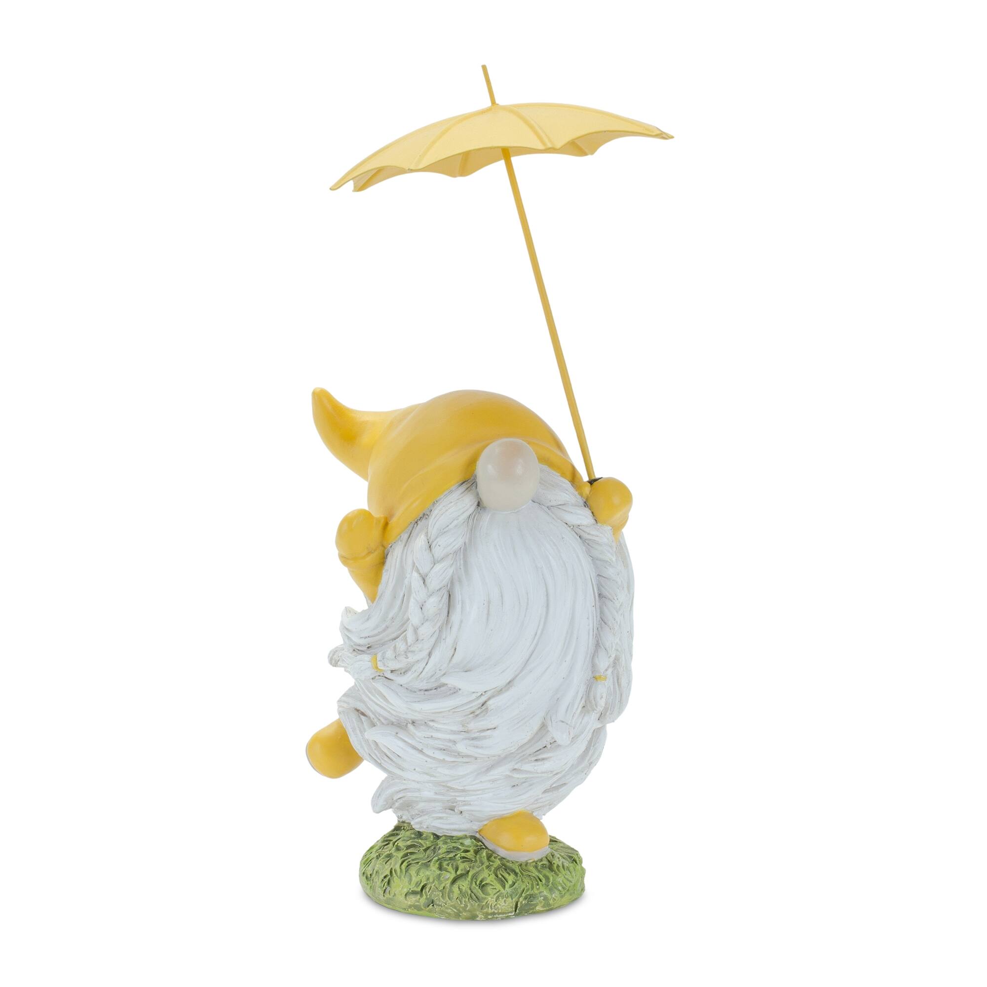 Left. BreeBe - Whimsical Dancing Garden Gnome Figurine with Umbrella (Set of 4) - White.
