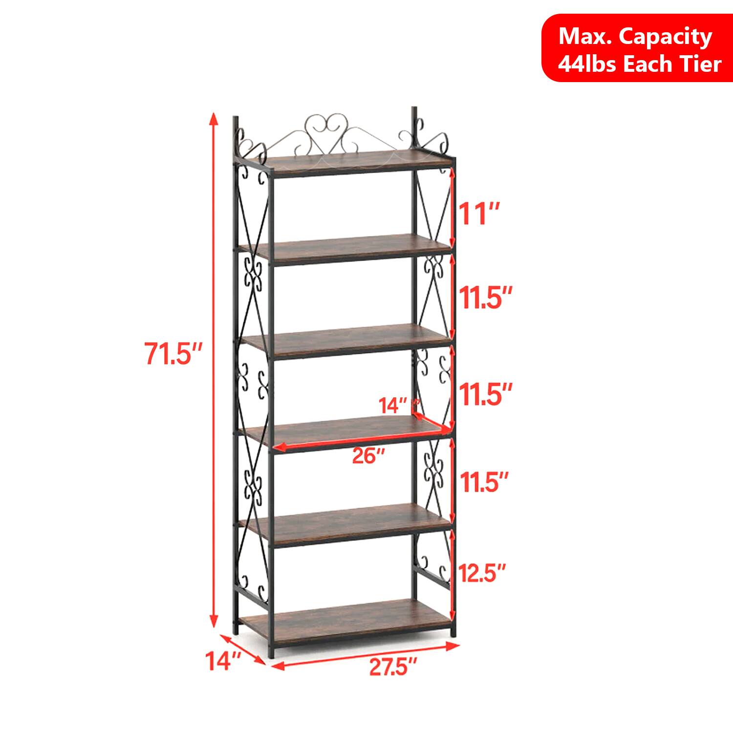 Max. Capacity 44lbs Each Tier  
11" 11.5" 71.5" 14" 11.5" 26" 11.5" 12.5" 14" 27.5"